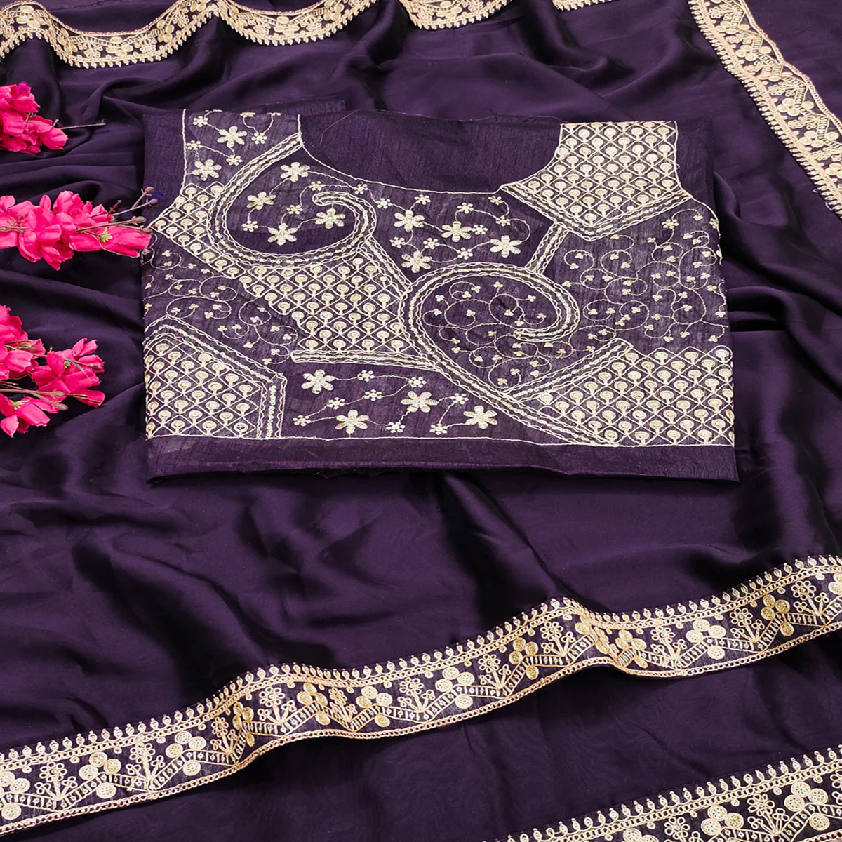 Elegant Purple Rangoli Silk Organza Saree Featuring Zari Cording Embroidery With Sequins Border - Image 2