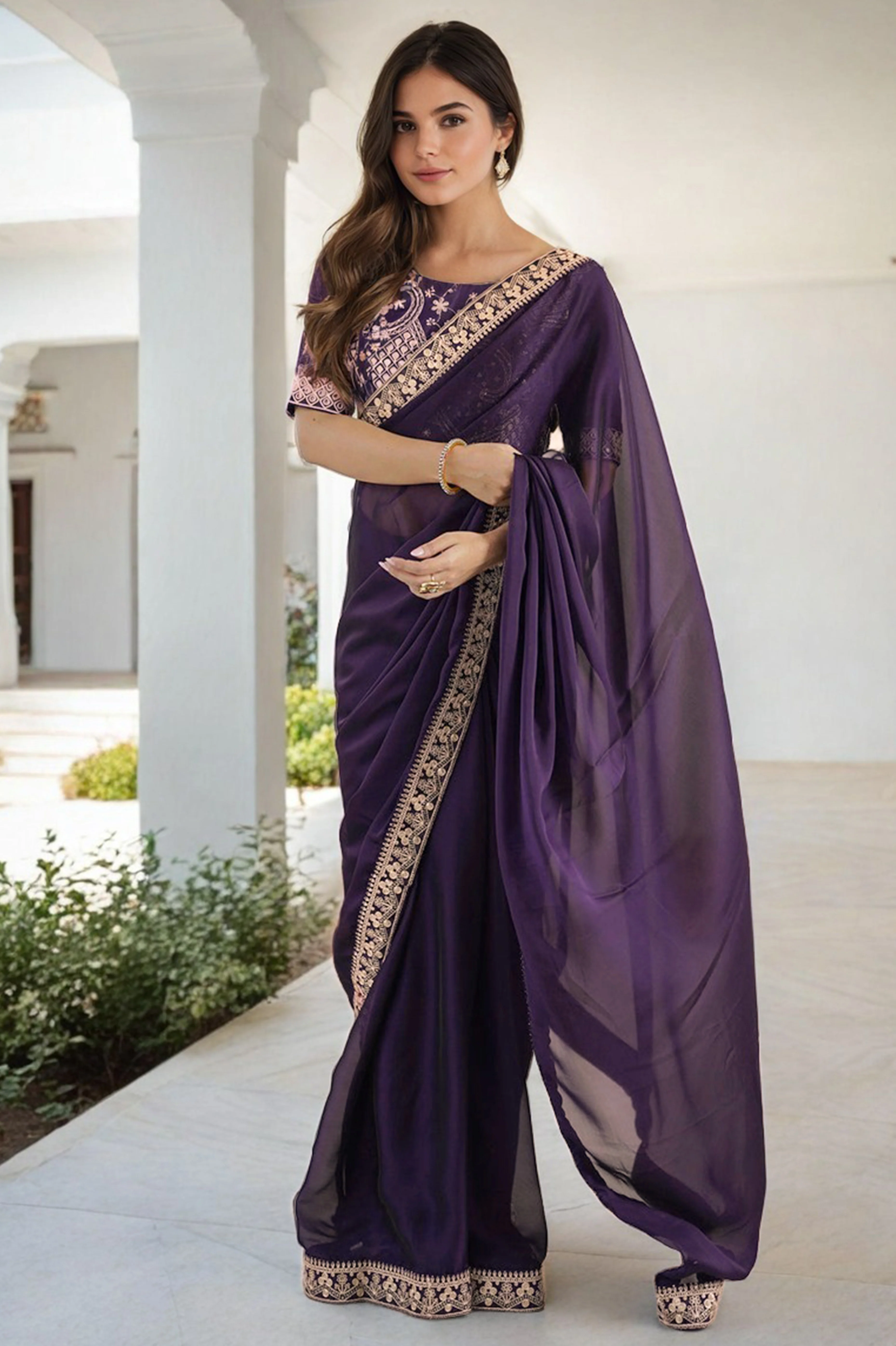 Elegant Purple Rangoli Silk Organza Saree Featuring Zari Cording Embroidery With Sequins Border - Image 3