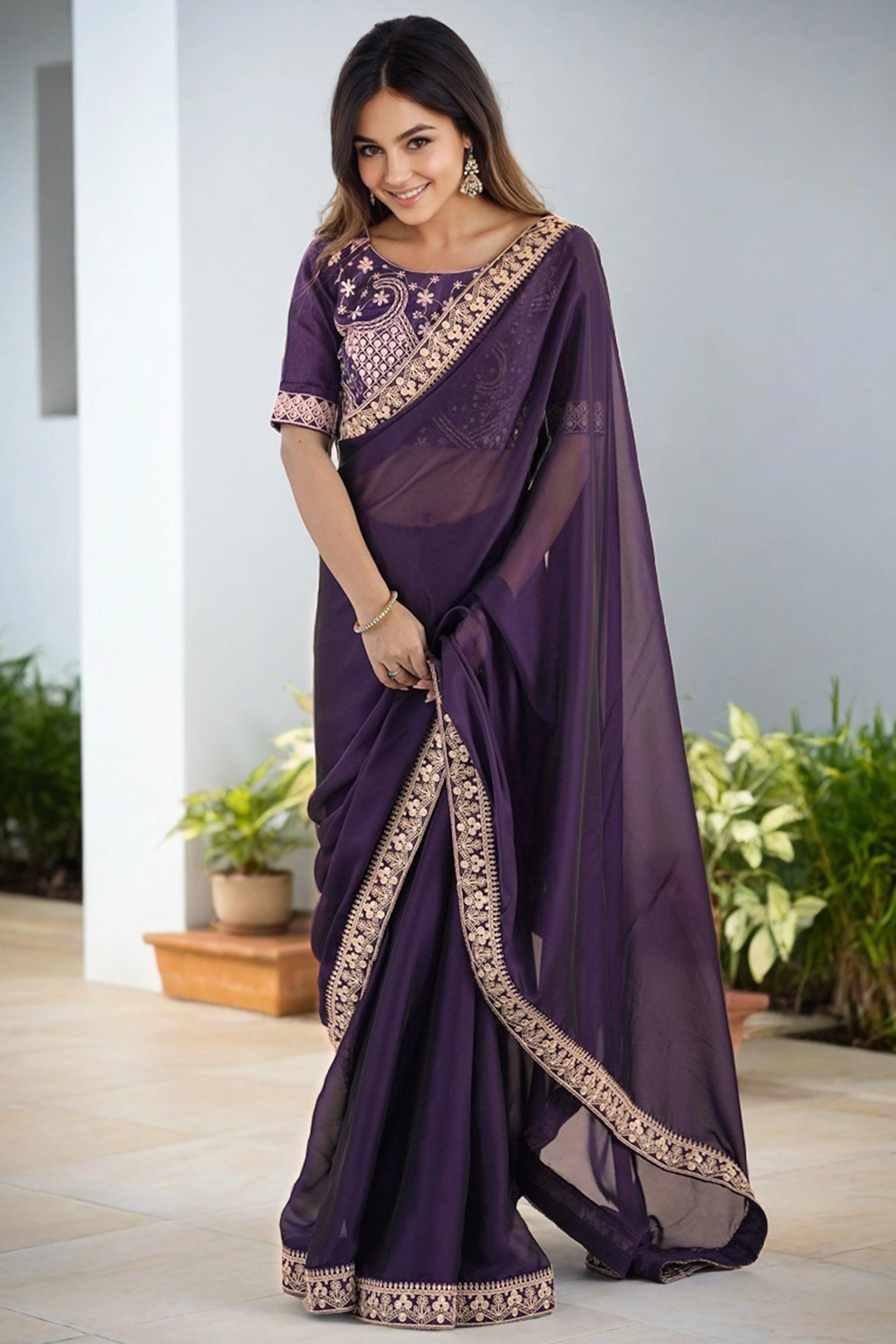 Elegant Purple Rangoli Silk Organza Saree Featuring Zari Cording Embroidery With Sequins Border - Image 4