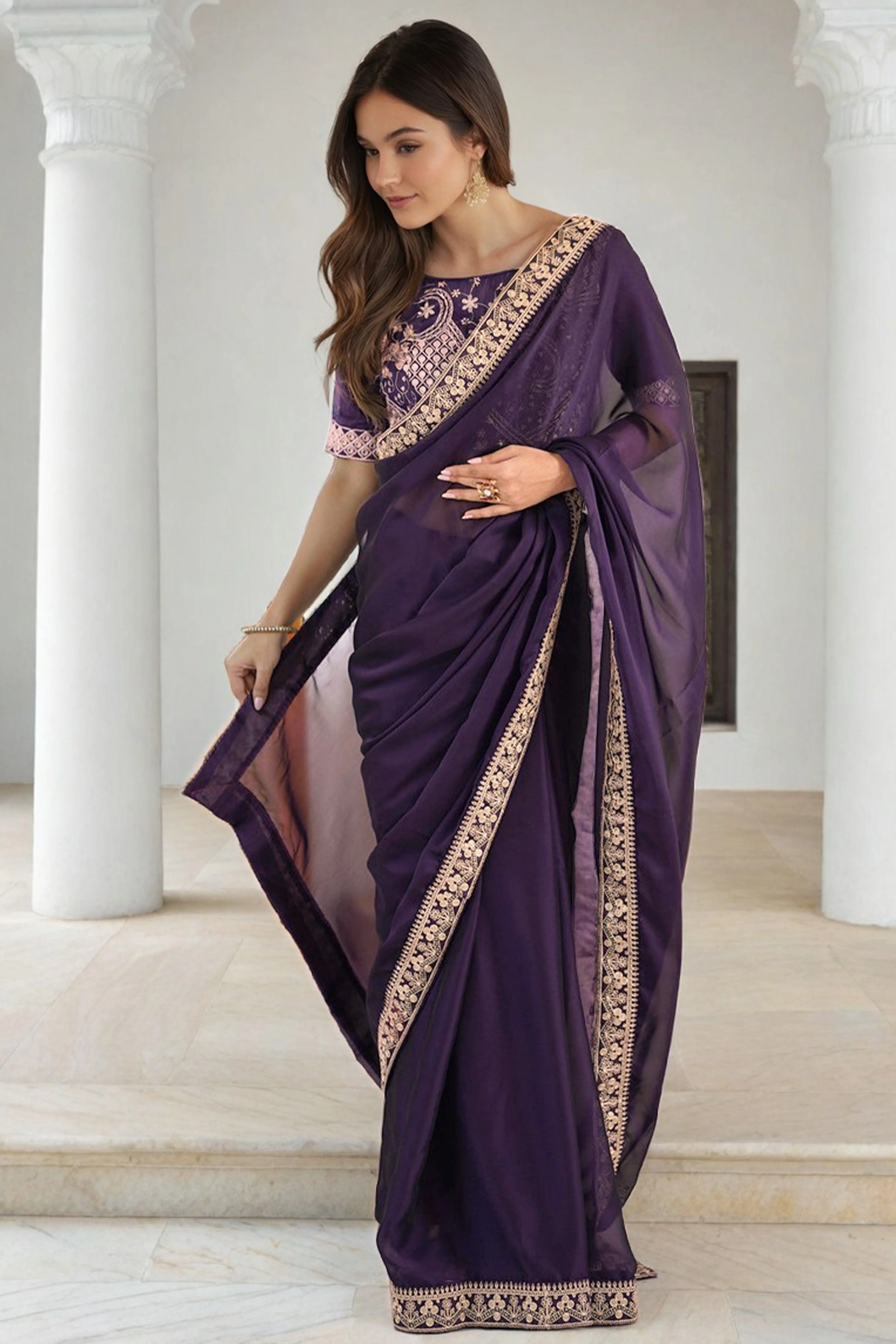Elegant Purple Rangoli Silk Organza Saree Featuring Zari Cording Embroidery With Sequins Border - Image 5