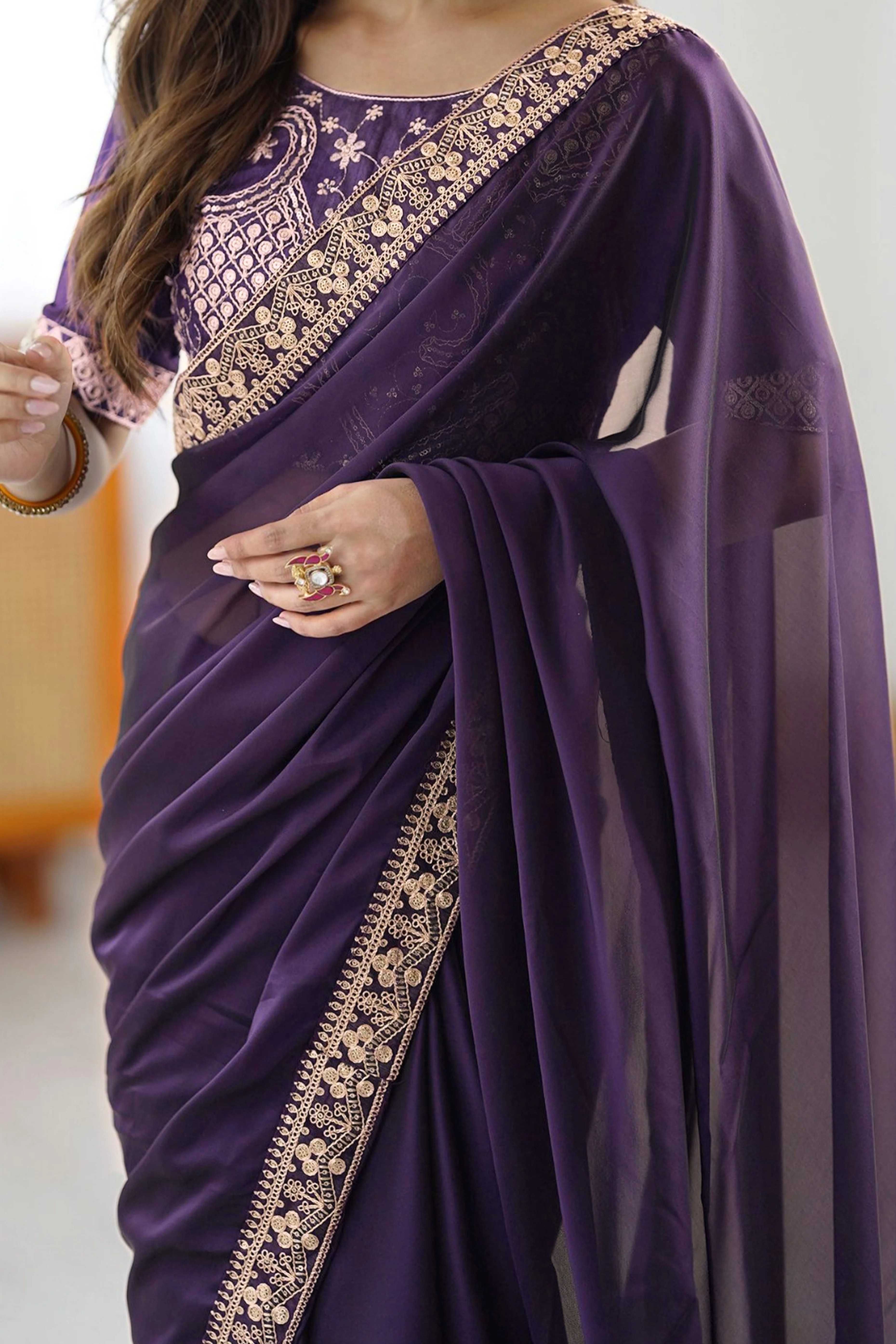 Elegant Purple Rangoli Silk Organza Saree Featuring Zari Cording Embroidery With Sequins Border - Image 7