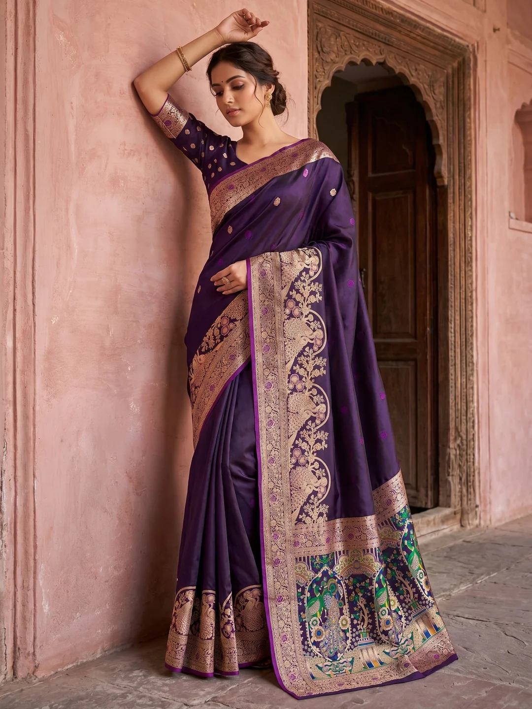 Elegant Purple Satin Saree with Intricate Zari Weaving and Peacock Motif