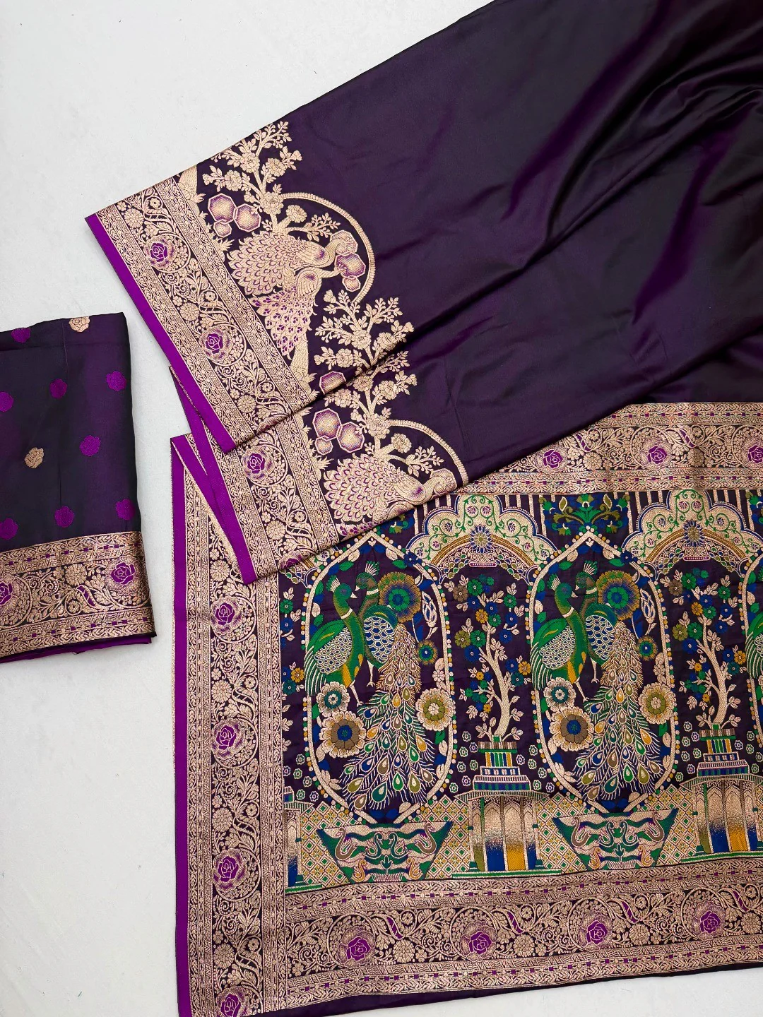 Elegant Purple Satin Saree with Intricate Zari Weaving and Peacock Motif - Image 3