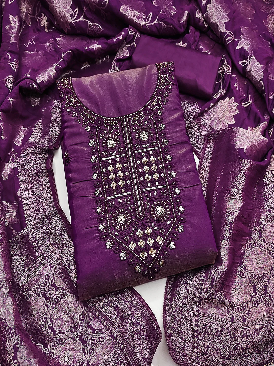 Elegant Purple Shimmer Dress Material with Embroidered Details - Image 3