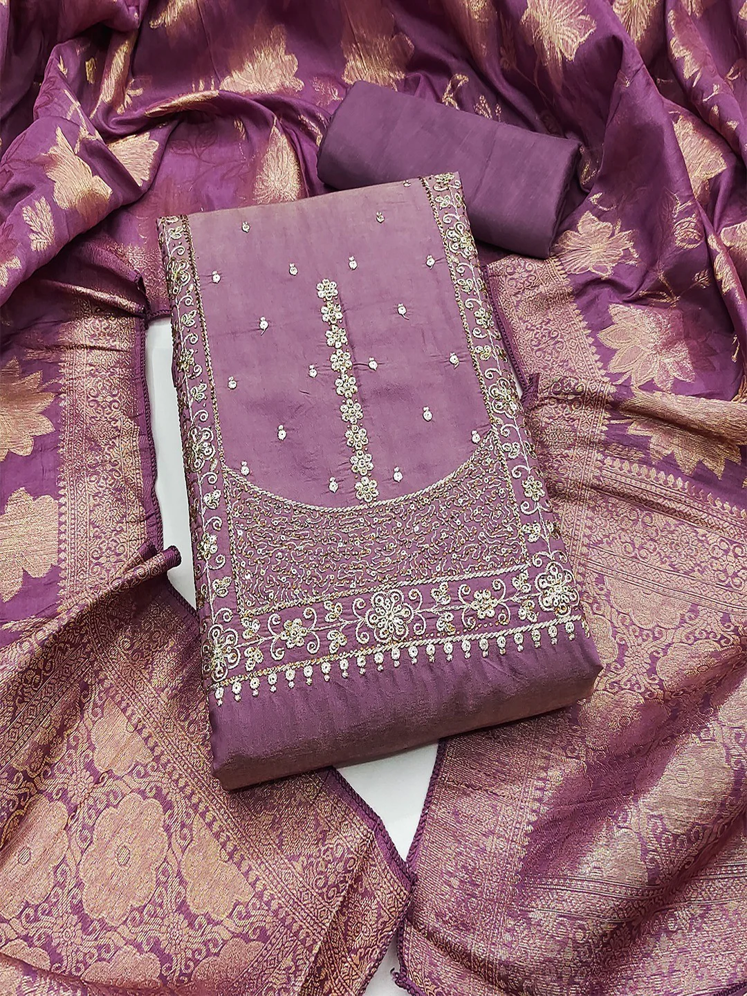 Elegant Purple Shimmer Dress Material with Embroidered Details - Image 3