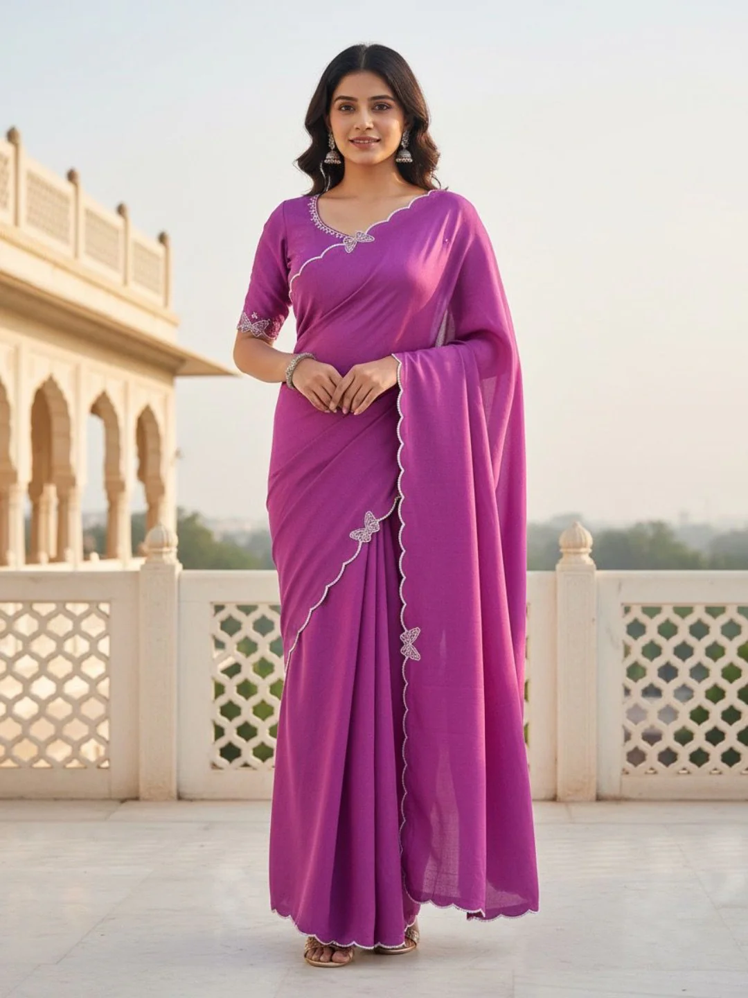 Elegant Purple Solid Chinon Saree with Swarovski & Stone Embellished Designer Work