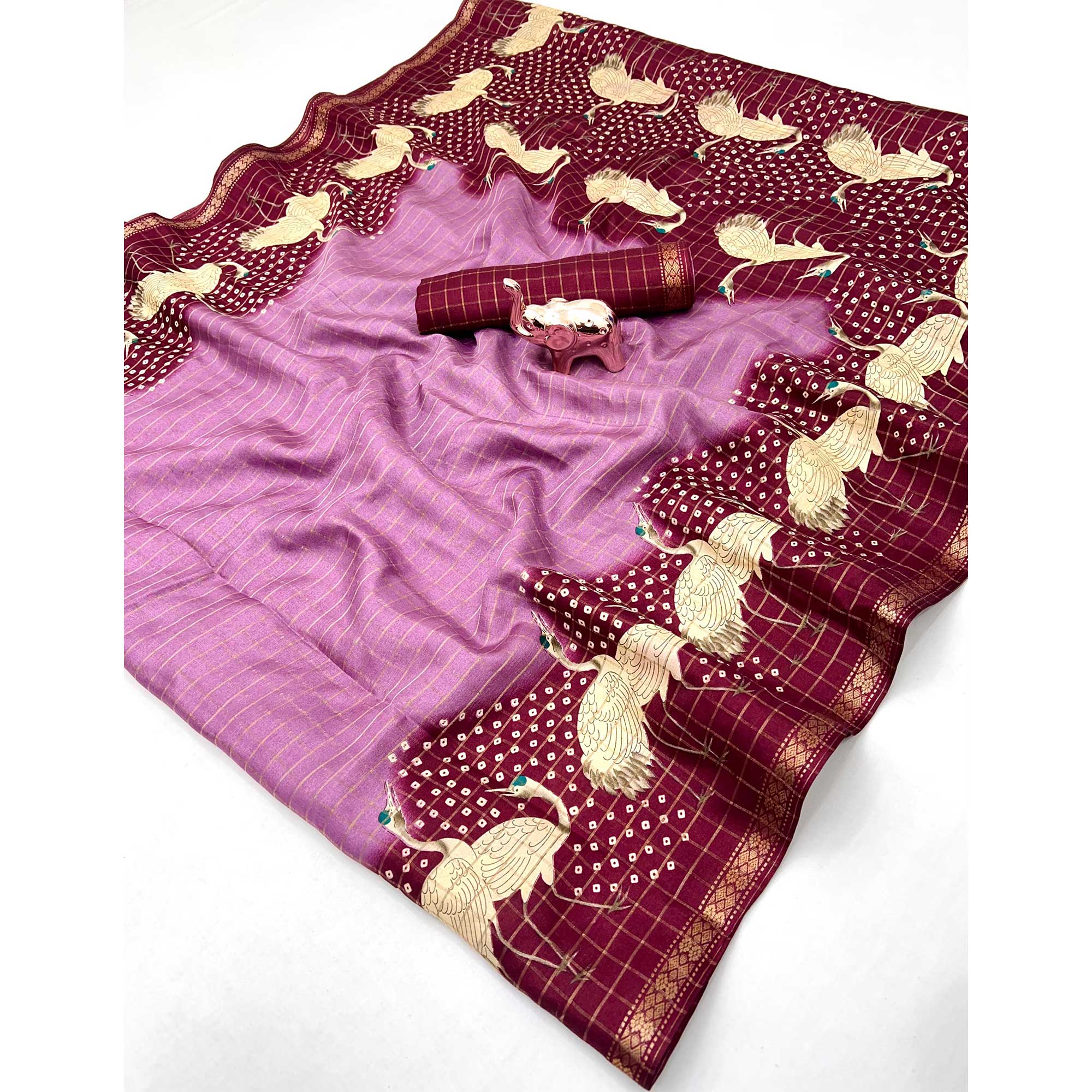 Elegant Purple & Wine Checks Weaving Tussar Silk Blend Saree Adorned With Artistic Bird Prints - Image 3