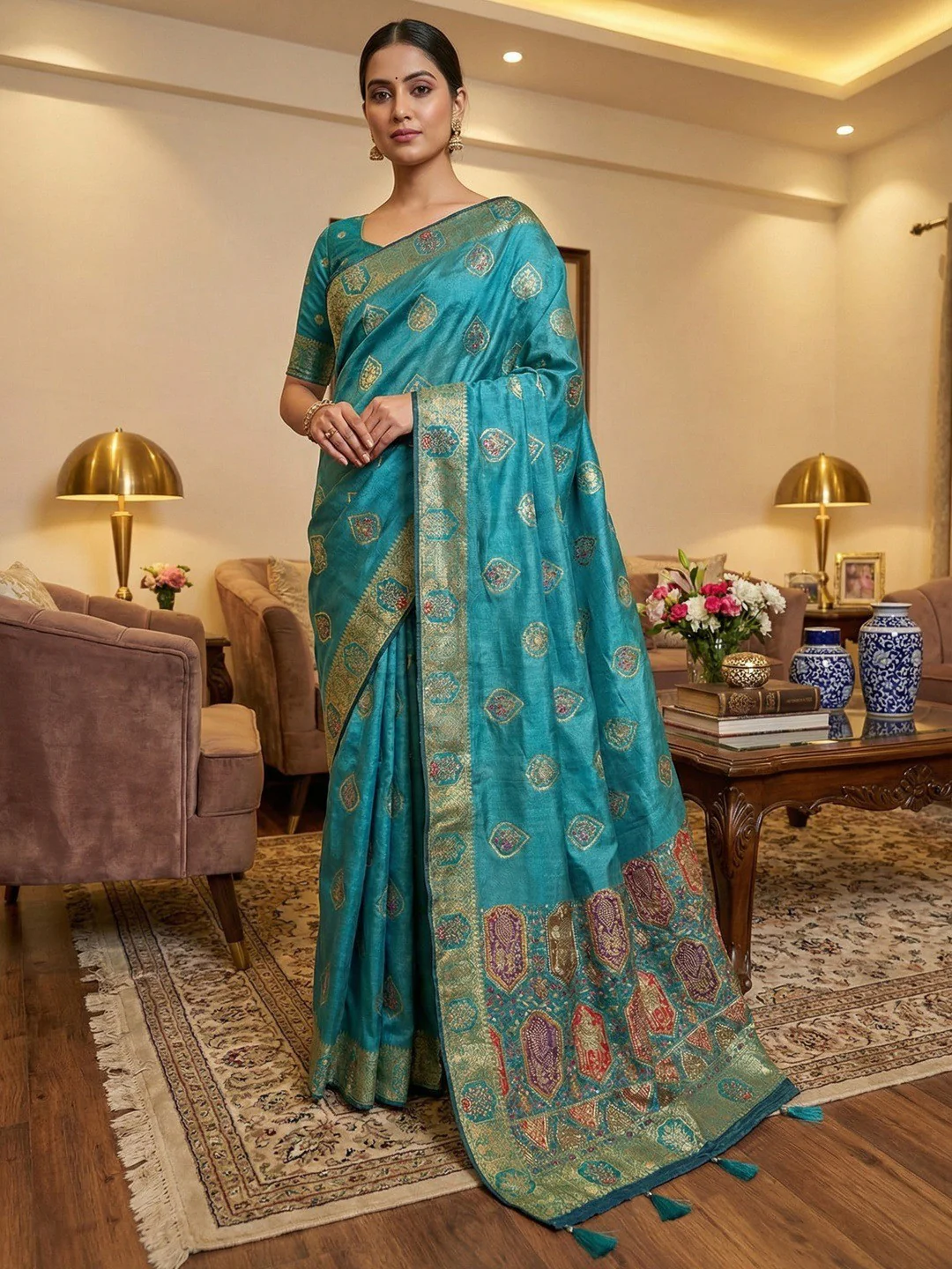 Elegant Rama Blue Floral Woven Nylon Tissue Jacquard Saree Adorned With Intricate Zarkan Work