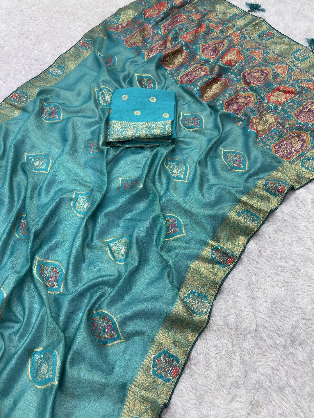 Elegant Rama Blue Floral Woven Nylon Tissue Jacquard Saree Adorned With Intricate Zarkan Work - Image 2