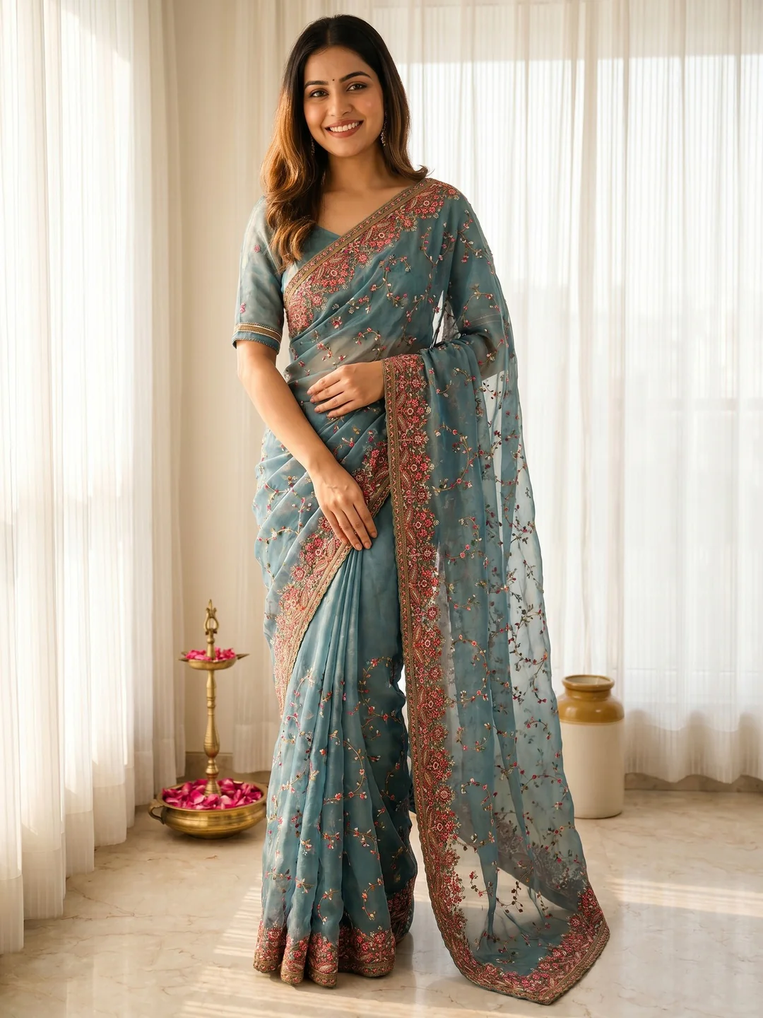 Elegant Rama Blue Georgette Saree with Intricate Thread Work in Kashmiri Style