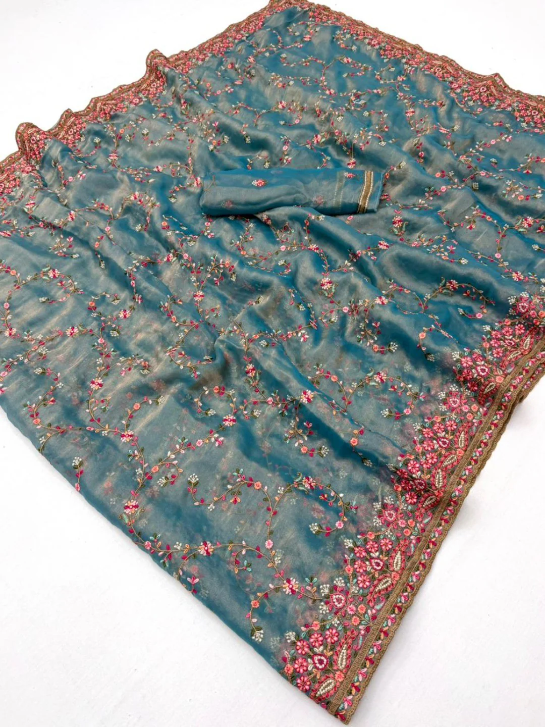 Elegant Rama Blue Georgette Saree with Intricate Thread Work in Kashmiri Style - Image 3