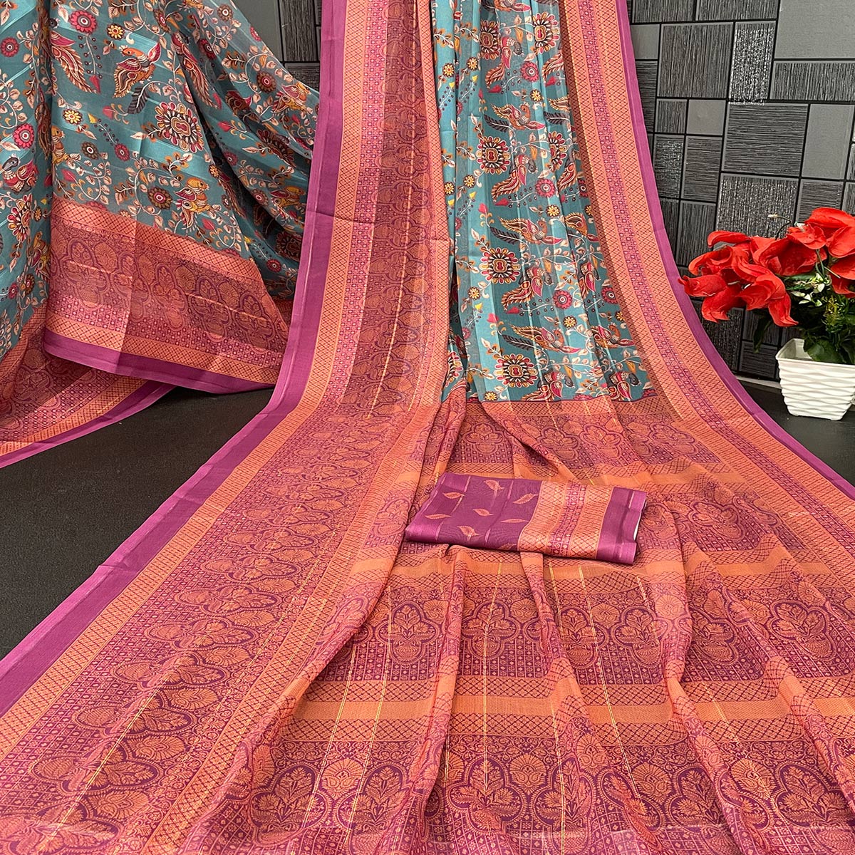 Elegant Rama Blue & Magenta Floral Digital Printed Georgette Saree Adorned With Subtle Zari Stripes - Image 2