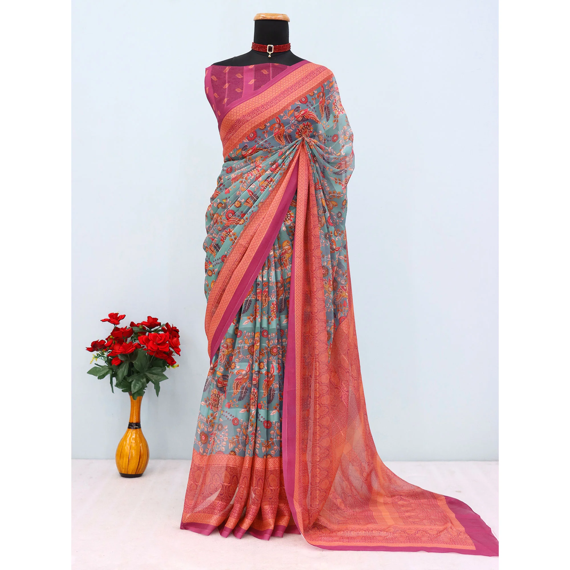 Elegant Rama Blue & Magenta Floral Digital Printed Georgette Saree Adorned With Subtle Zari Stripes - Image 3
