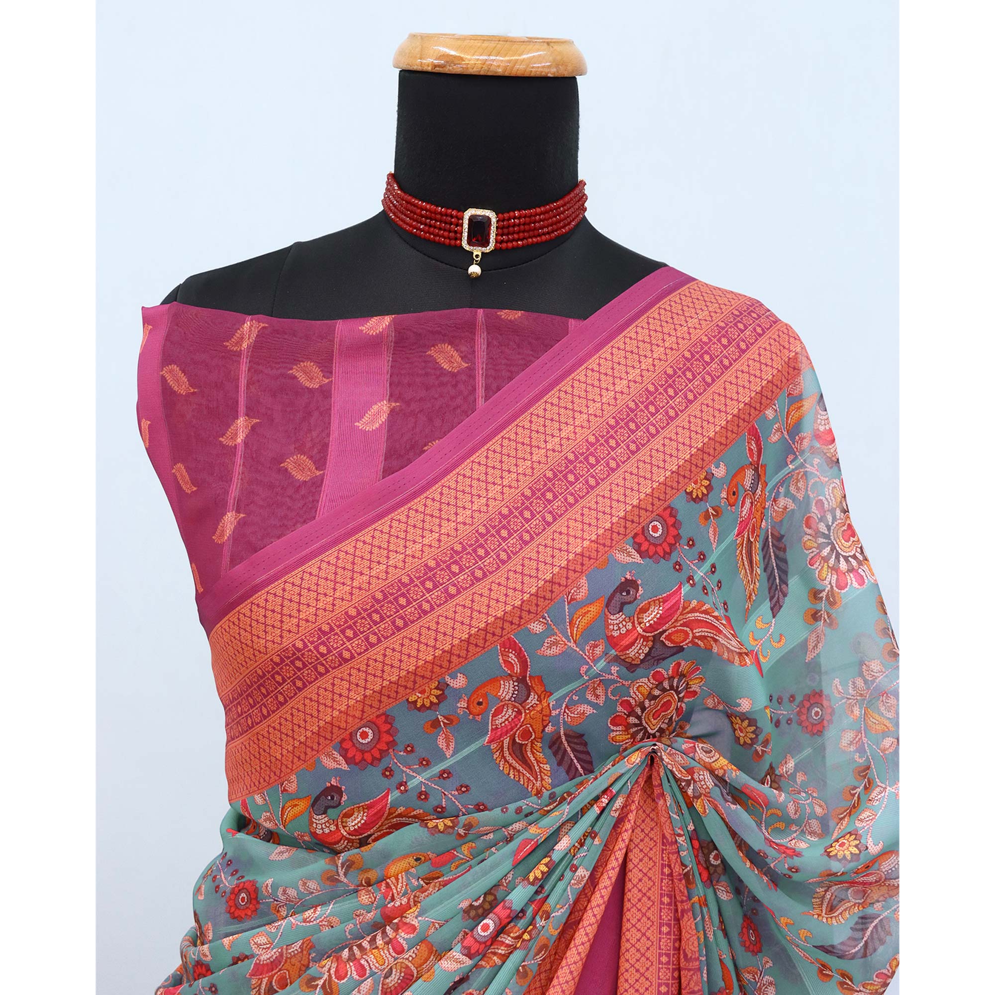 Elegant Rama Blue & Magenta Floral Digital Printed Georgette Saree Adorned With Subtle Zari Stripes - Image 4