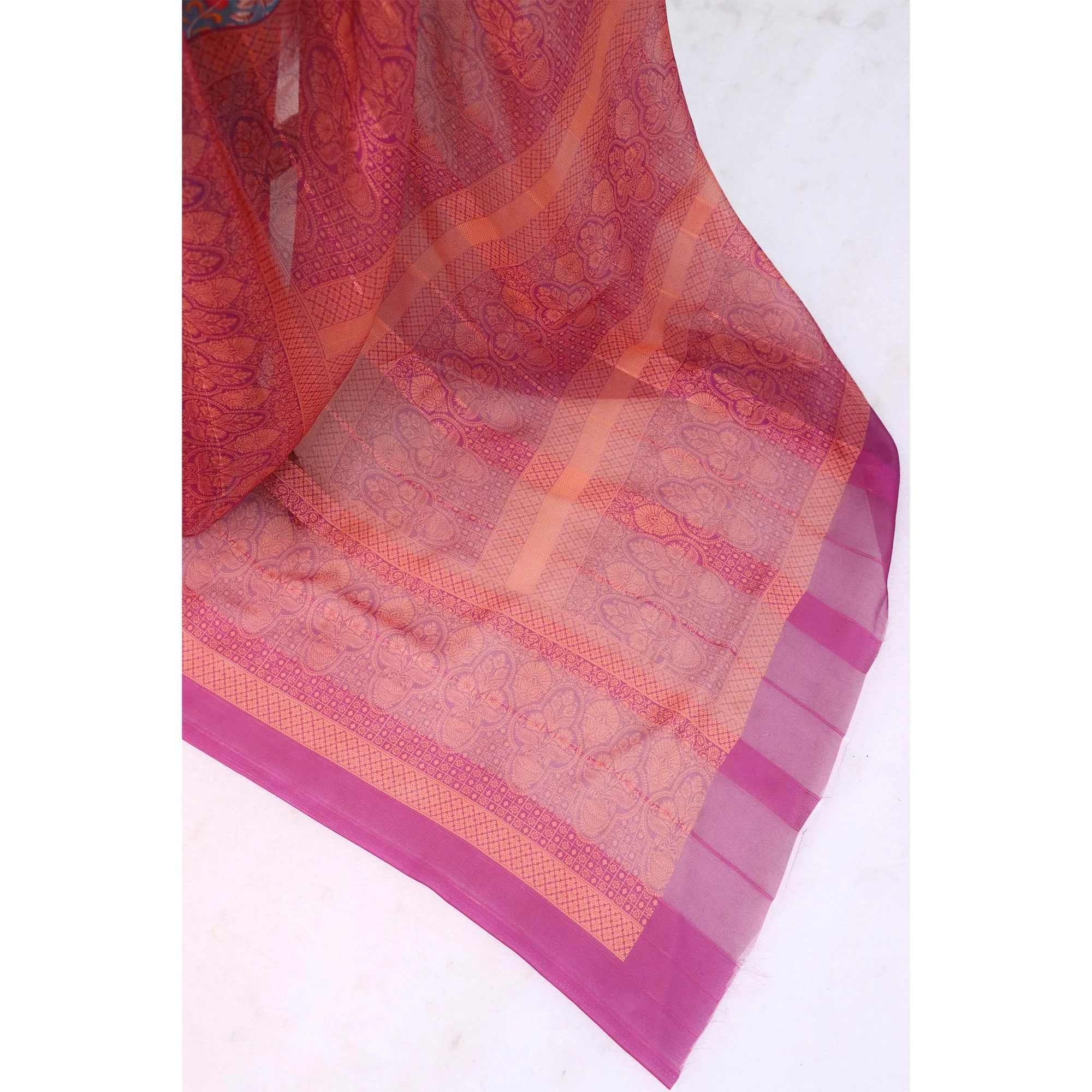 Elegant Rama Blue & Magenta Floral Digital Printed Georgette Saree Adorned With Subtle Zari Stripes - Image 5