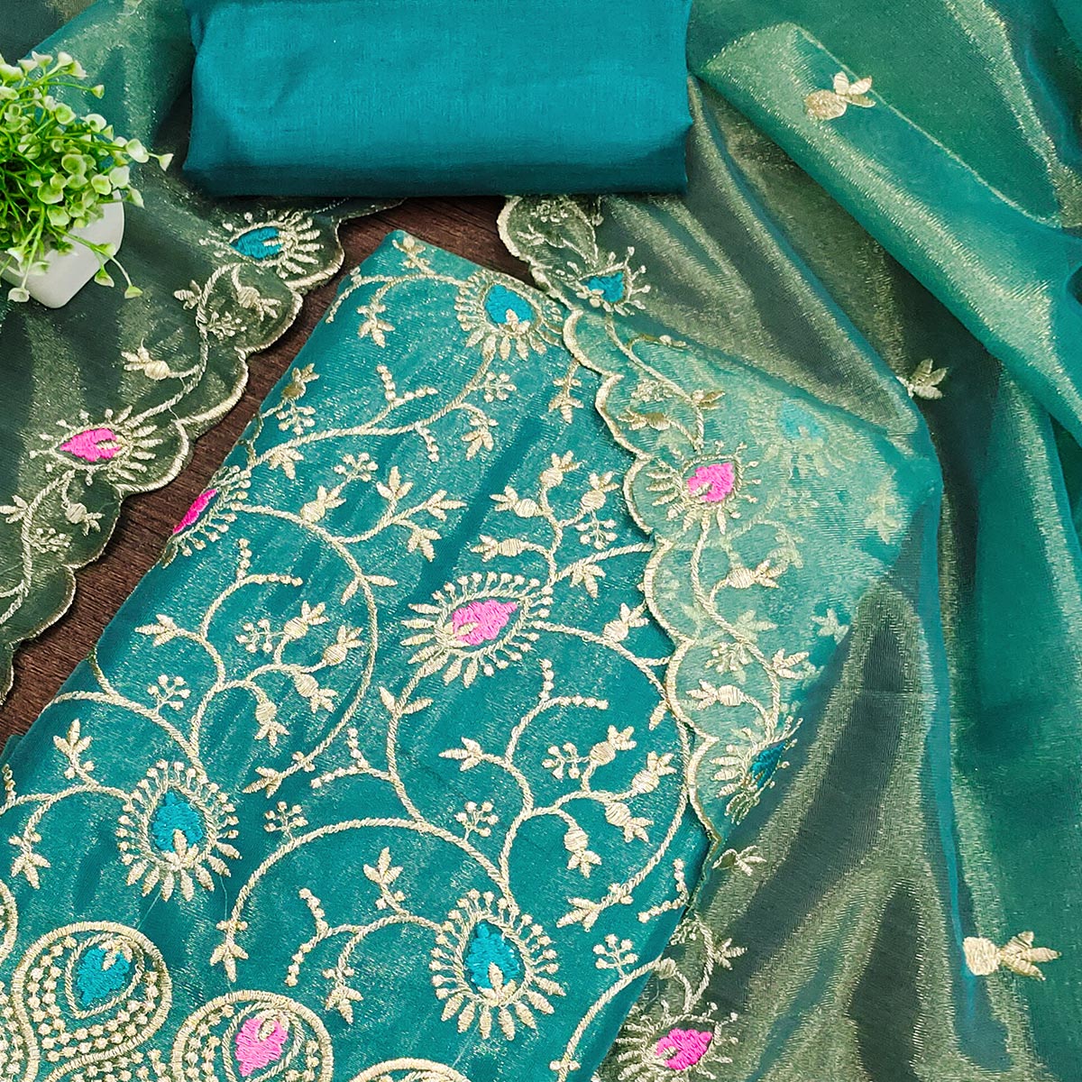 Elegant Rama Blue Organza Dress Material with Exquisite Floral Thread & Zari Embroidery - Image 2