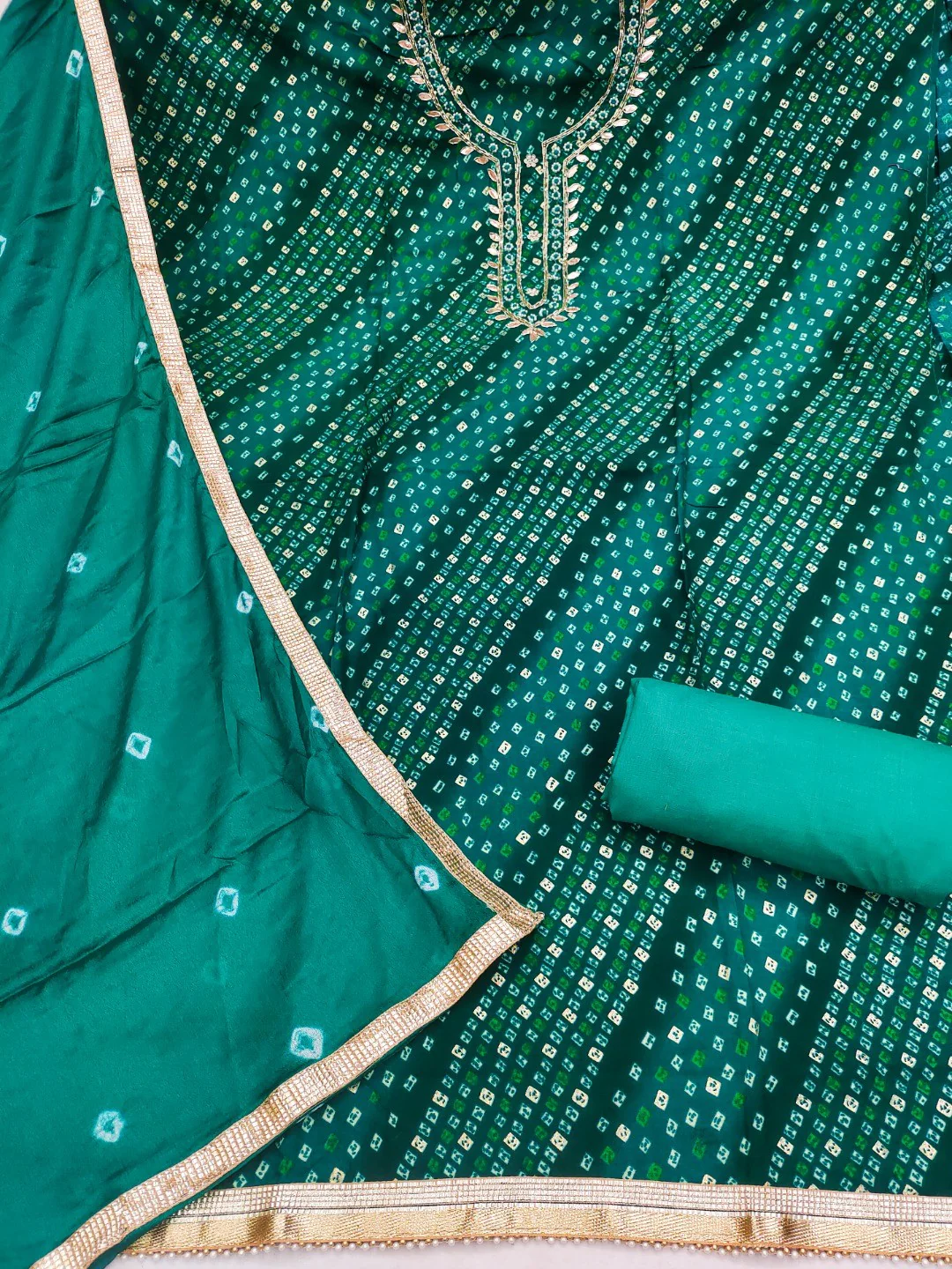 Elegant Rama Green Bandhani Print Pure Cotton Dress Material with Dupatta - Image 3