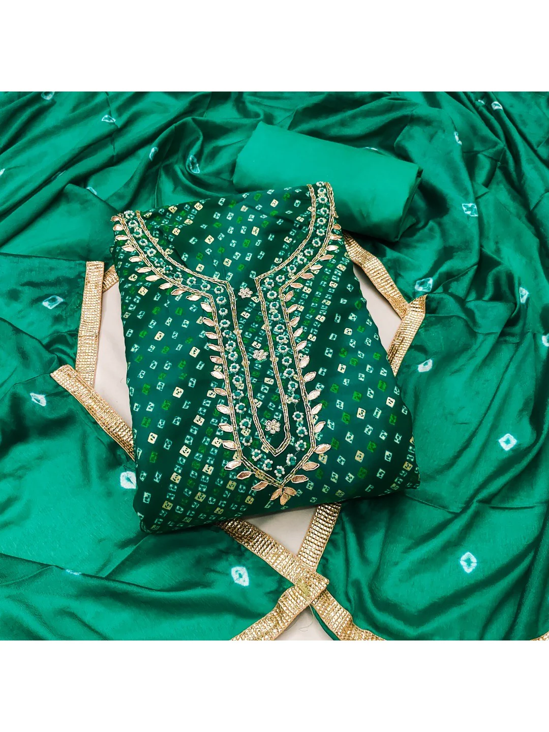 Elegant Rama Green Bandhani Print Pure Cotton Dress Material with Dupatta - Image 4
