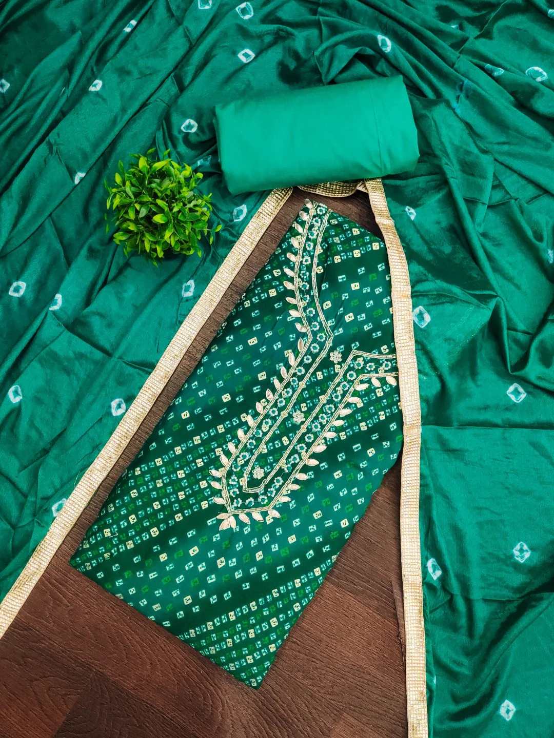 Elegant Rama Green Bandhani Print Pure Cotton Dress Material with Dupatta - Image 5
