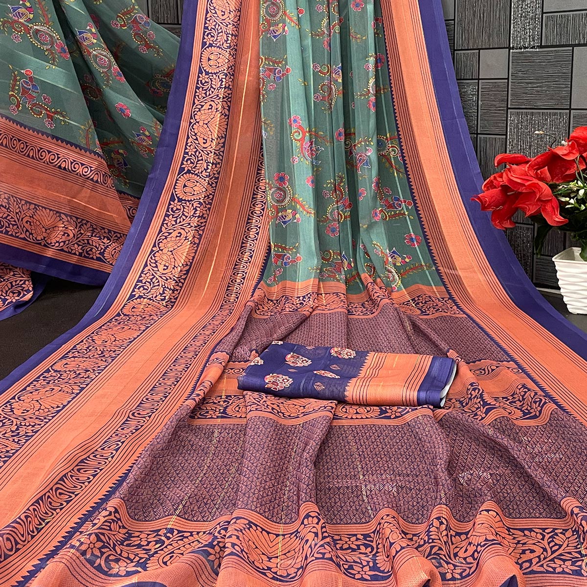 Elegant Rama Green & Blue Floral Digital Printed Georgette Saree Adorned With Subtle Zari Stripes - Image 2