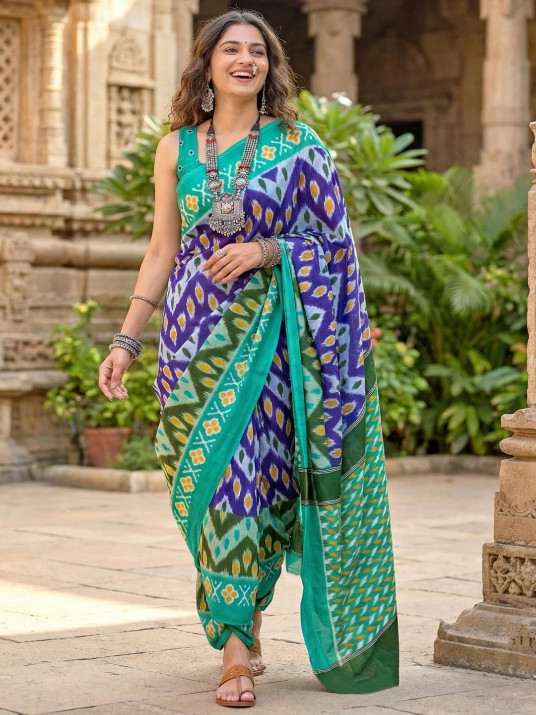 Elegant Rama Green & Blue Ikkat Print Mulmul Cotton Saree With Traditional Pattern Design