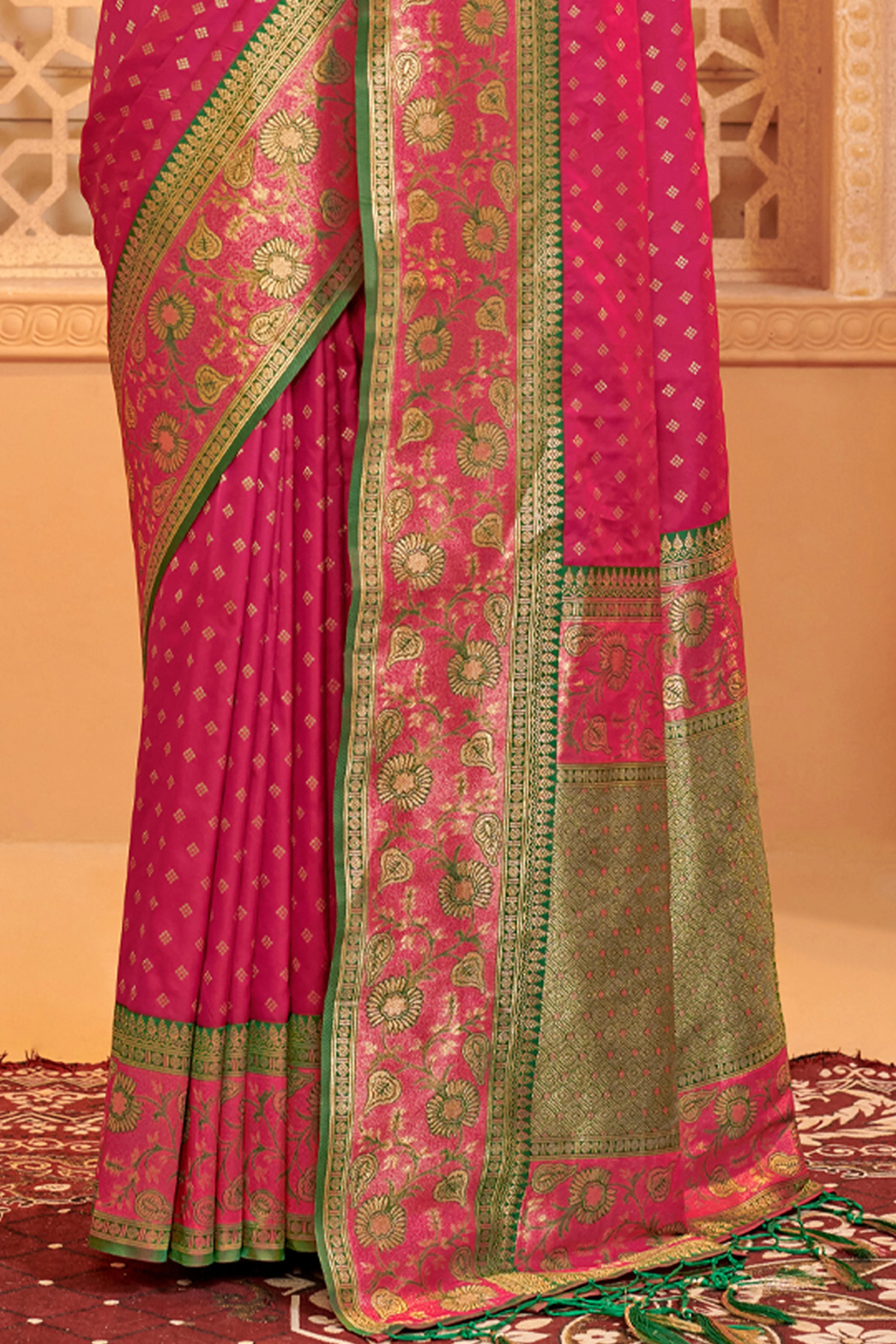 Elegant Rani Pink Floral Zari Weaving Silk Blend Saree With Tassel Pallu - Image 4