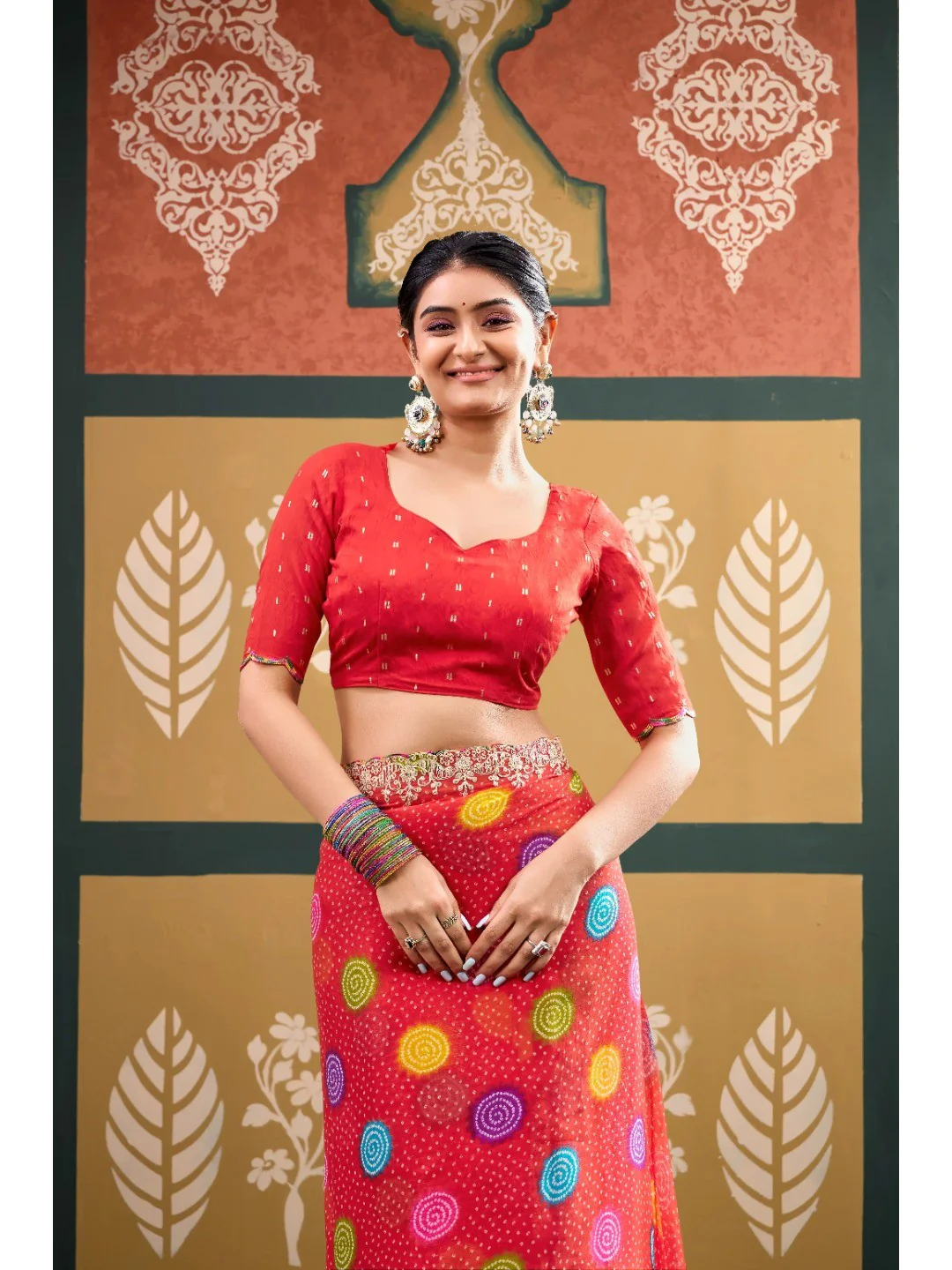 Elegant Red Bandhani Printed Chiffon Saree with Beautiful Embroidery Work - Image 3