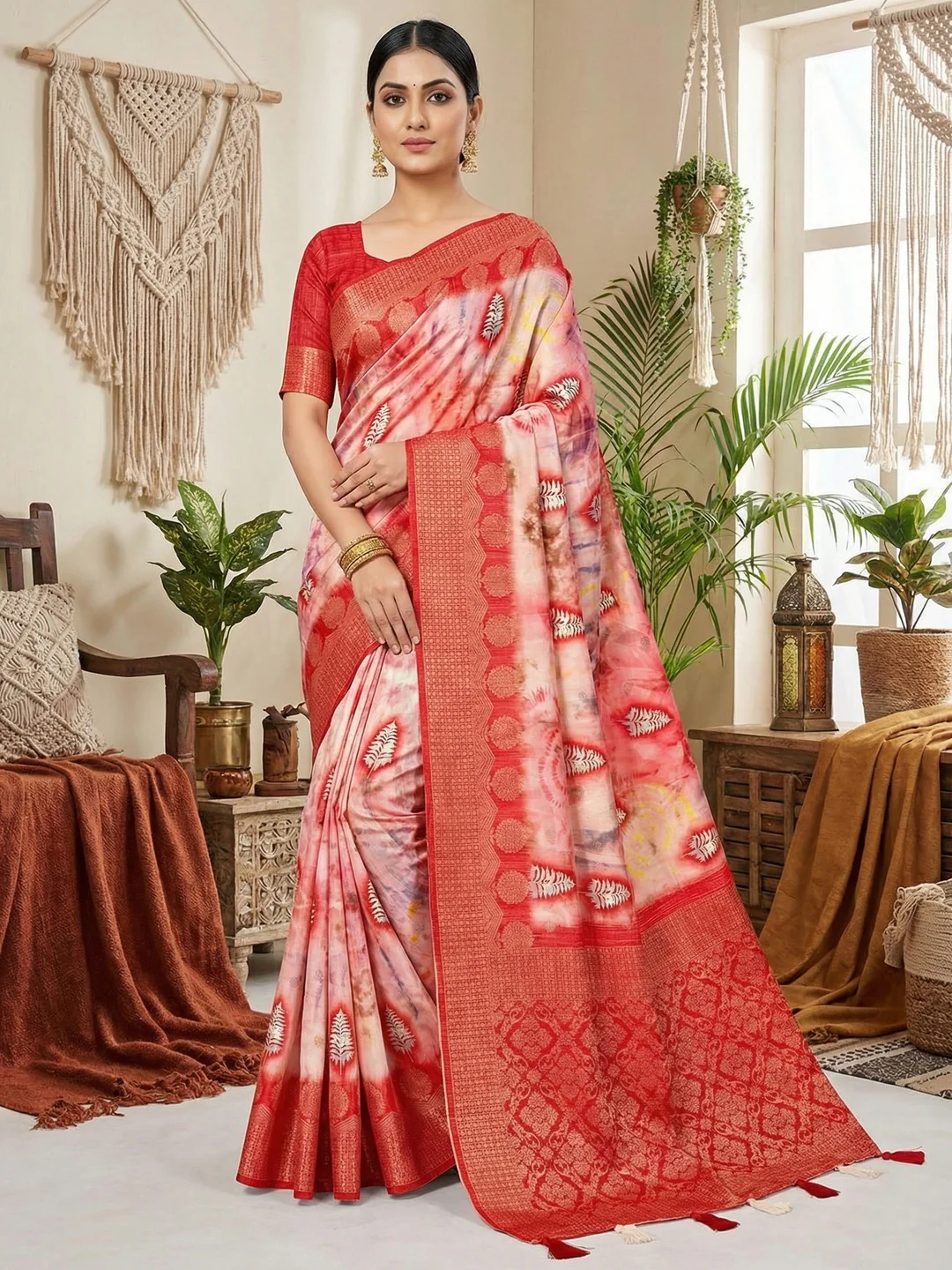 Elegant Red Bemberg Saree with Digital Print and Rich Pallu