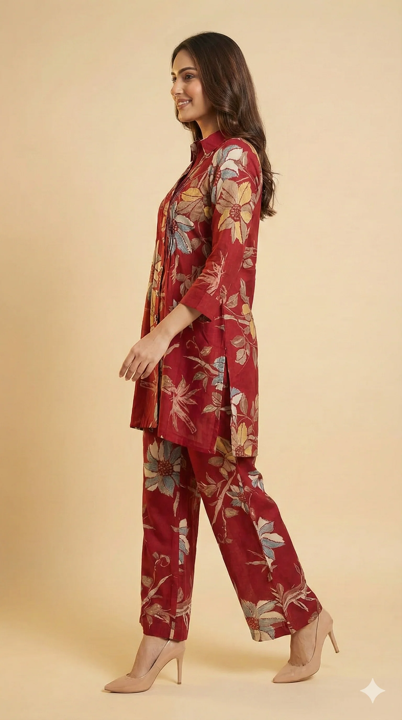Elegant Red Floral Foil Printed Rayon Straight Cut Top with Matching Bottom Pant - Image 4