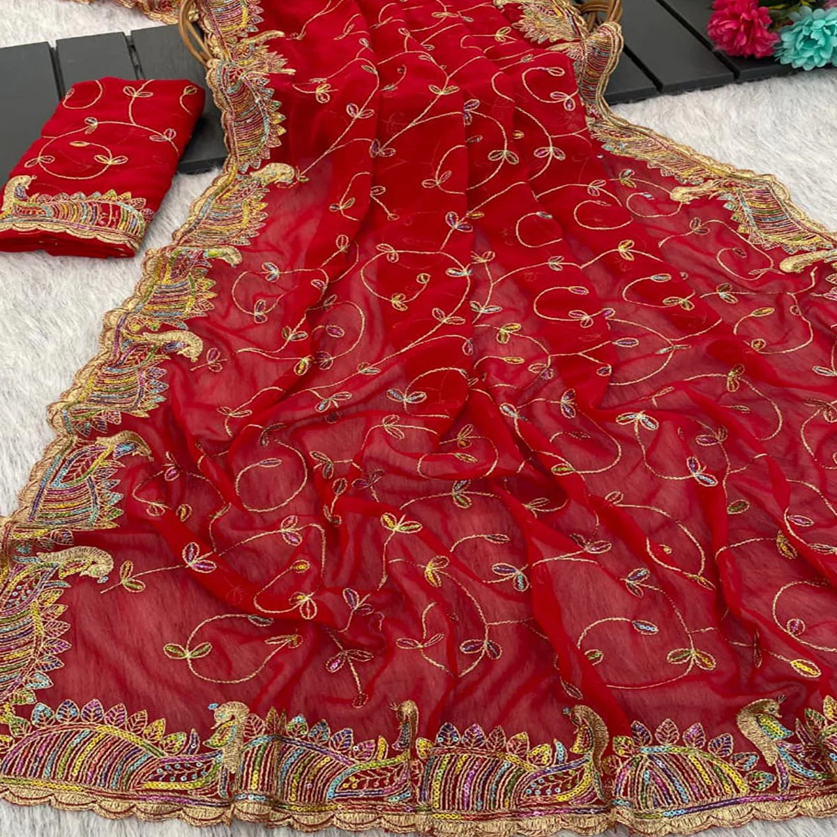 Elegant Red Floral Sequin & Thread Embroidered Georgette Saree With Exquisite Peacock Design Border - Image 2