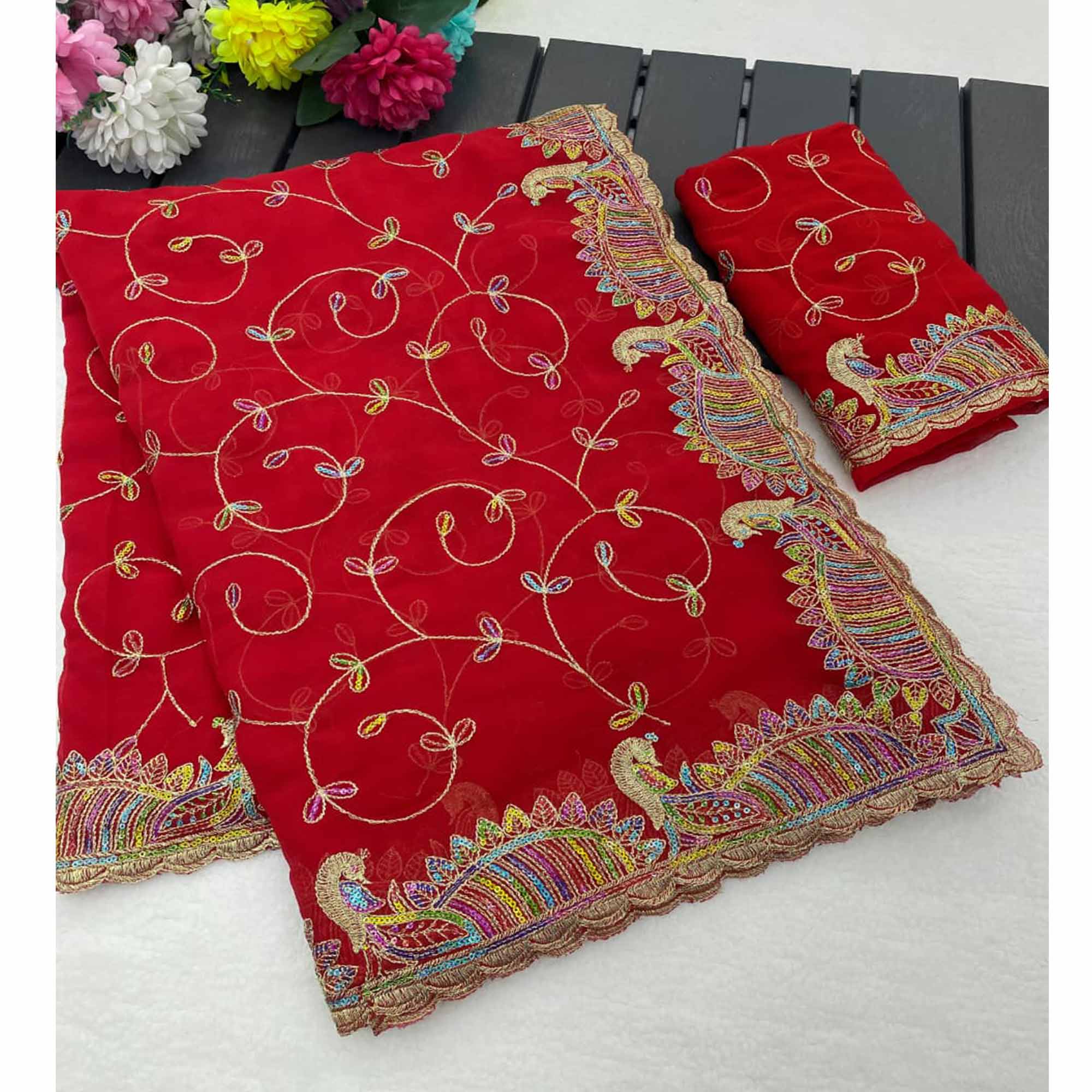 Elegant Red Floral Sequin & Thread Embroidered Georgette Saree With Exquisite Peacock Design Border - Image 3
