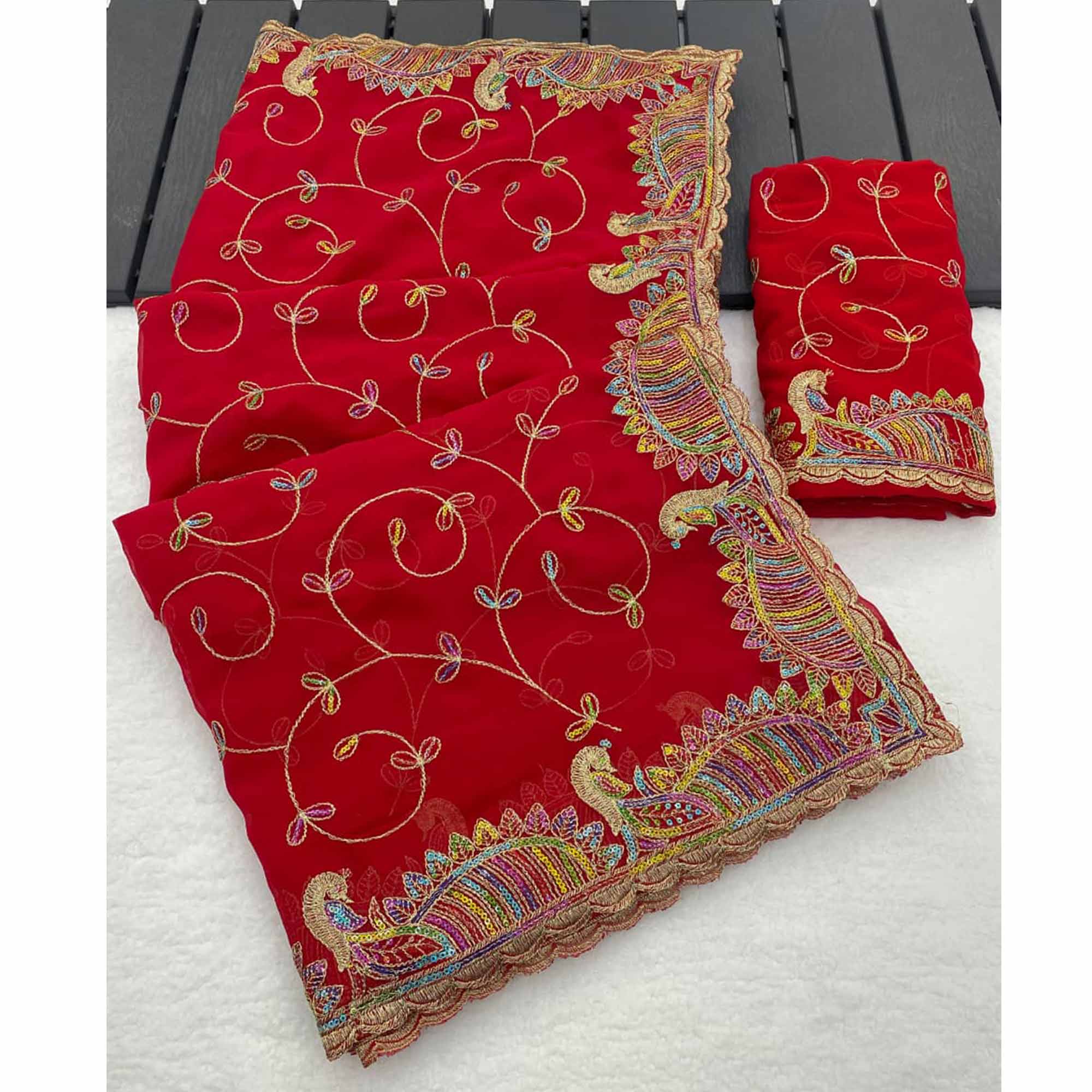 Elegant Red Floral Sequin & Thread Embroidered Georgette Saree With Exquisite Peacock Design Border - Image 4