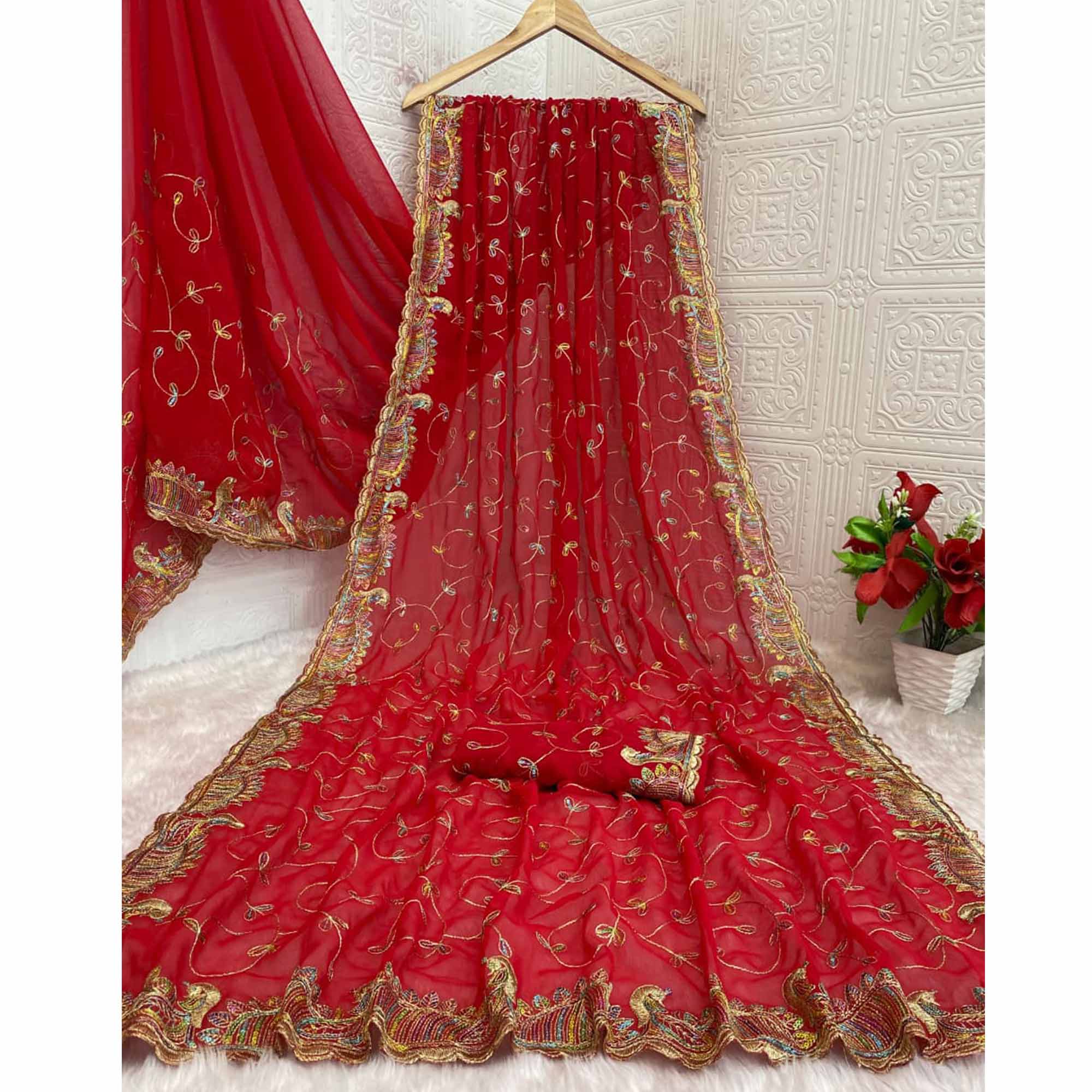 Elegant Red Floral Sequin & Thread Embroidered Georgette Saree With Exquisite Peacock Design Border - Image 5