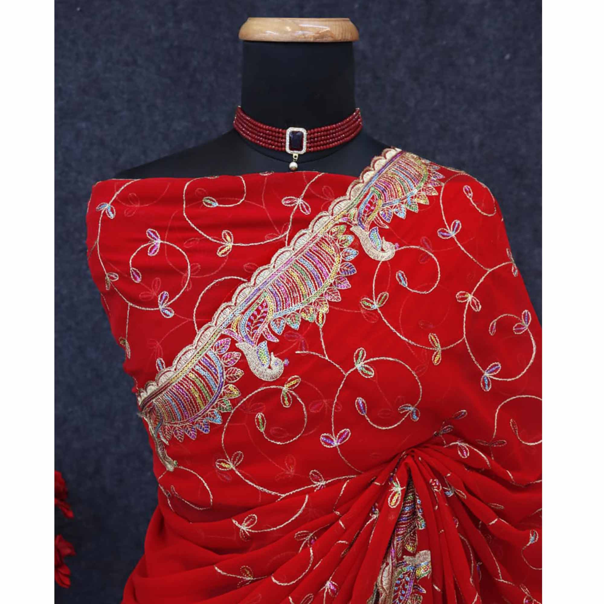 Elegant Red Floral Sequin & Thread Embroidered Georgette Saree With Exquisite Peacock Design Border - Image 7