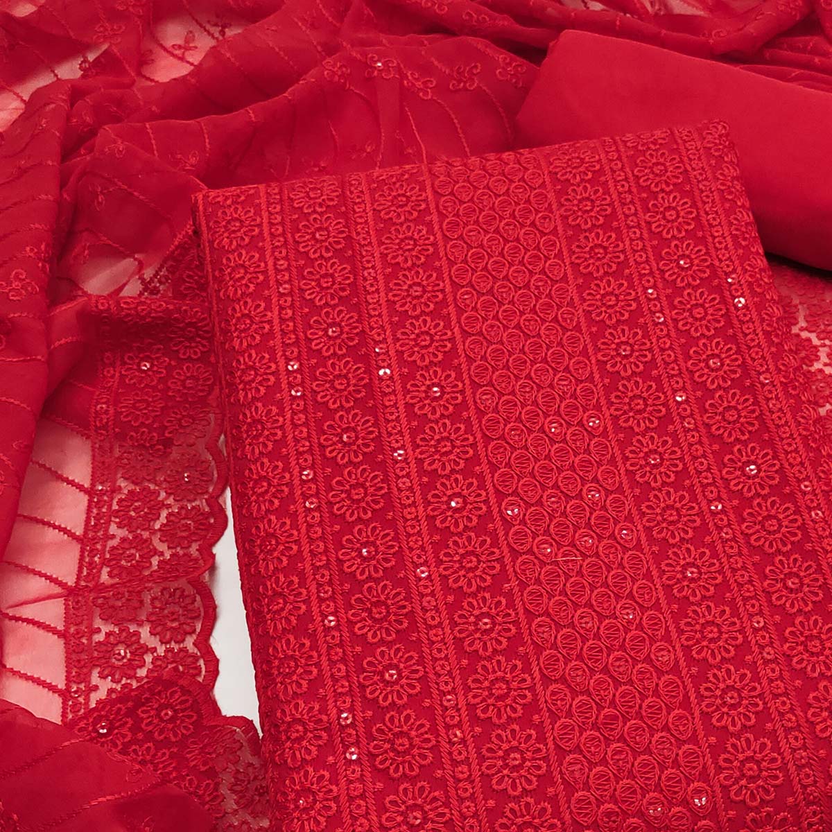 Elegant Red Floral Thread Embroidered With Sequins Work Georgette Dress Material - Image 2