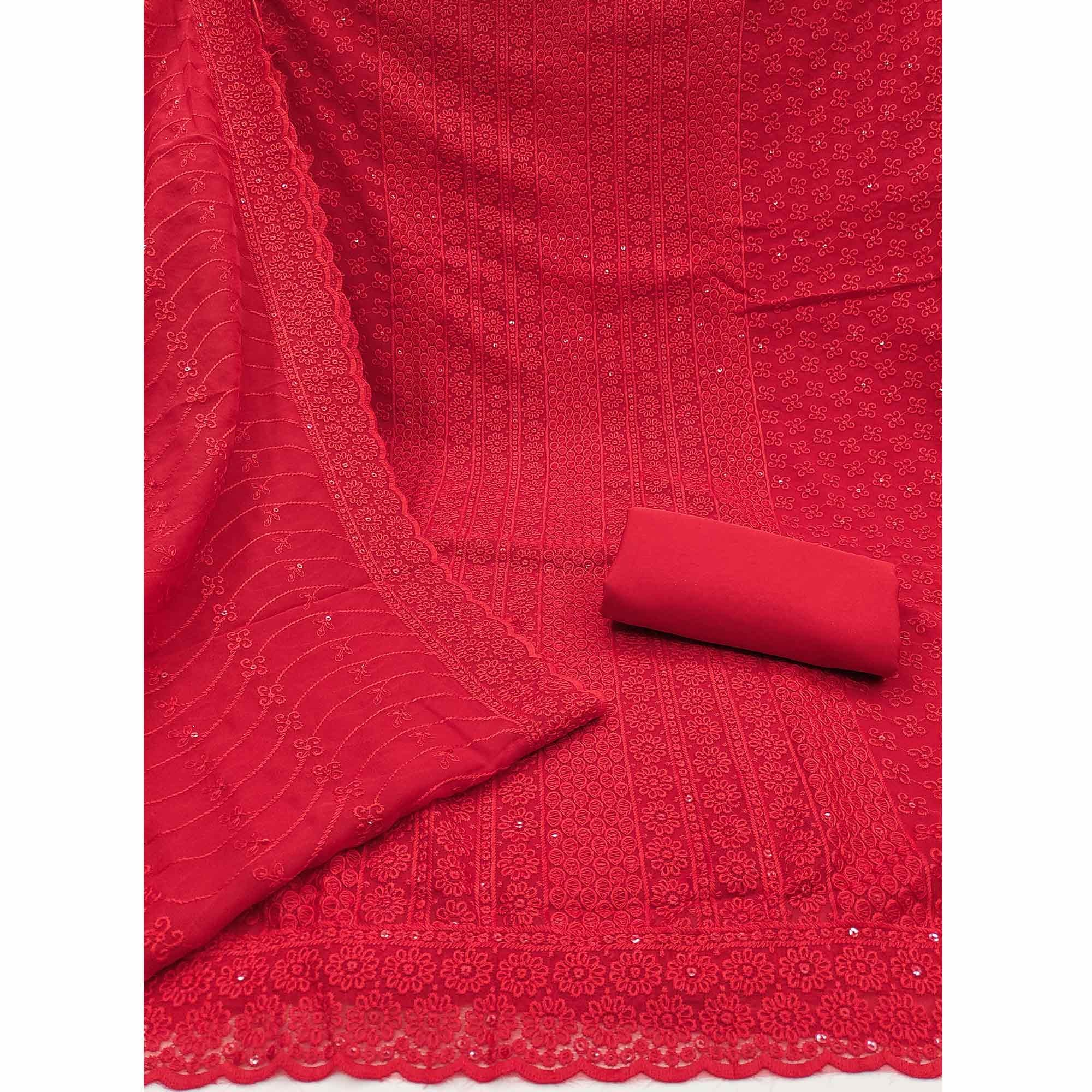 Elegant Red Floral Thread Embroidered With Sequins Work Georgette Dress Material - Image 3