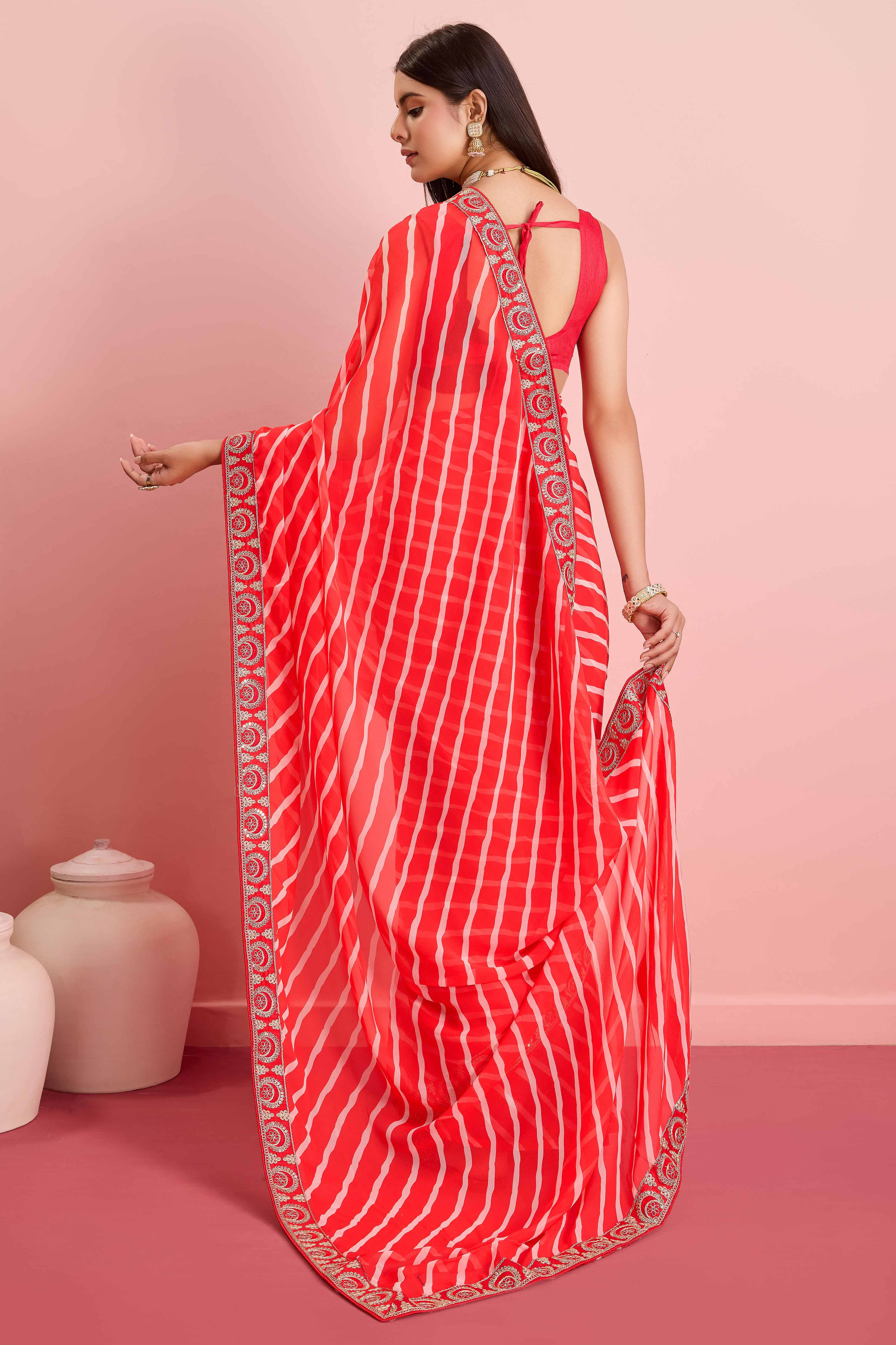 Elegant Red Leheriya Printed Saree in Flowing Georgette - Image 3