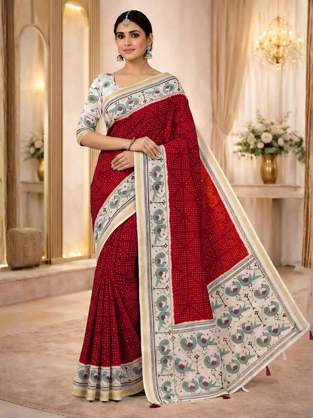 Elegant Red Linen Saree with Bird Motif Border - Peachmode