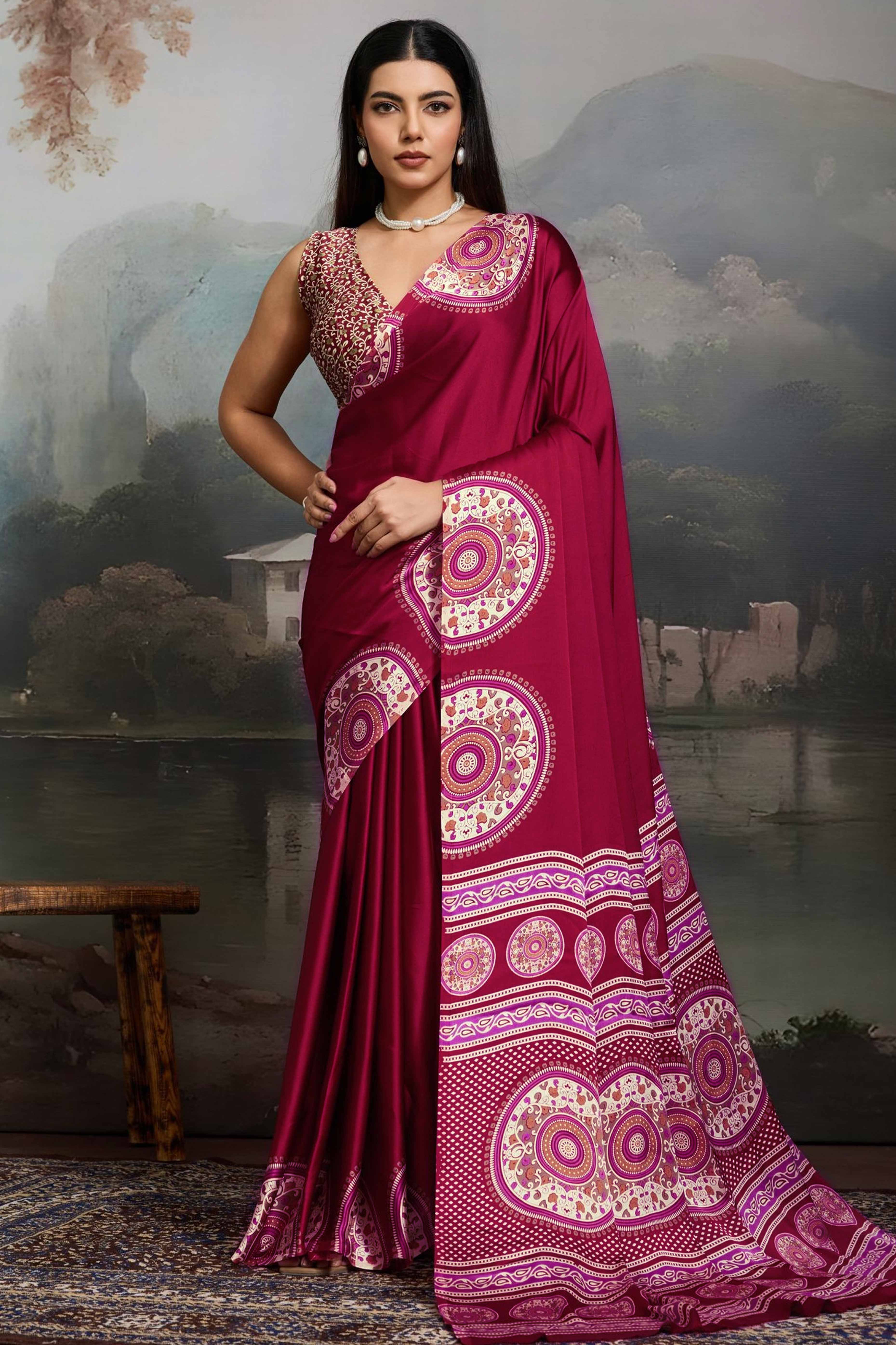 Elegant Red Satin Saree with Ajrakh Inspired Floral Prints - Image 4