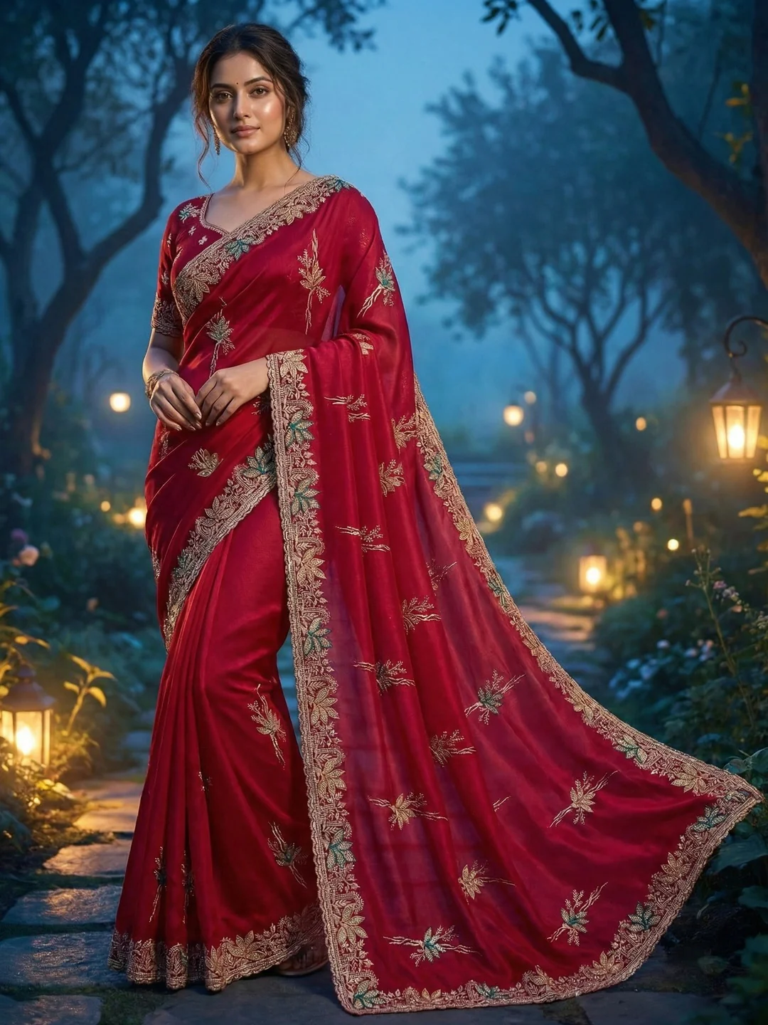 Elegant Red Satin Saree with Designer Embroidery and Stone Work