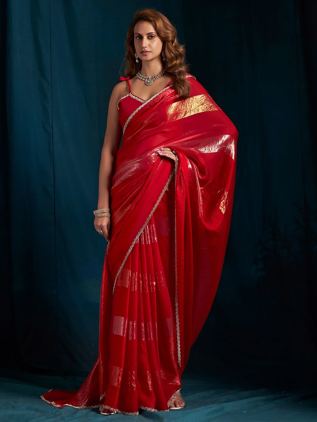Elegant Red Satin Silk Saree Featuring Striped Foil Printed Design & Stone Work Border