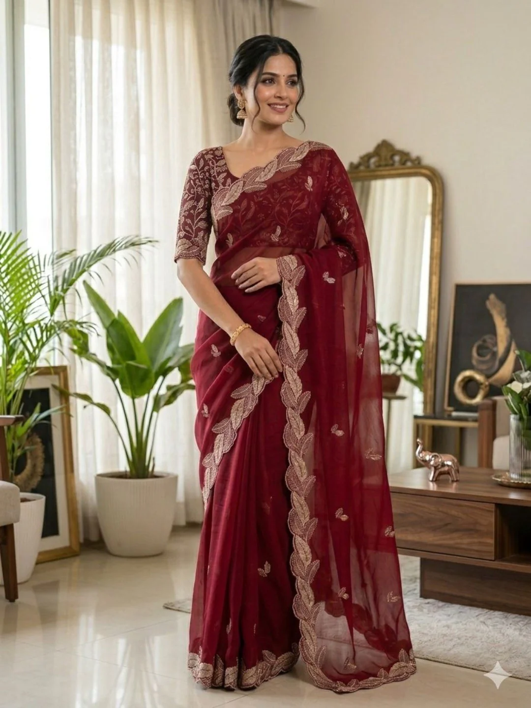 Elegant Red Shimmer Saree with Zari Work Embroidery