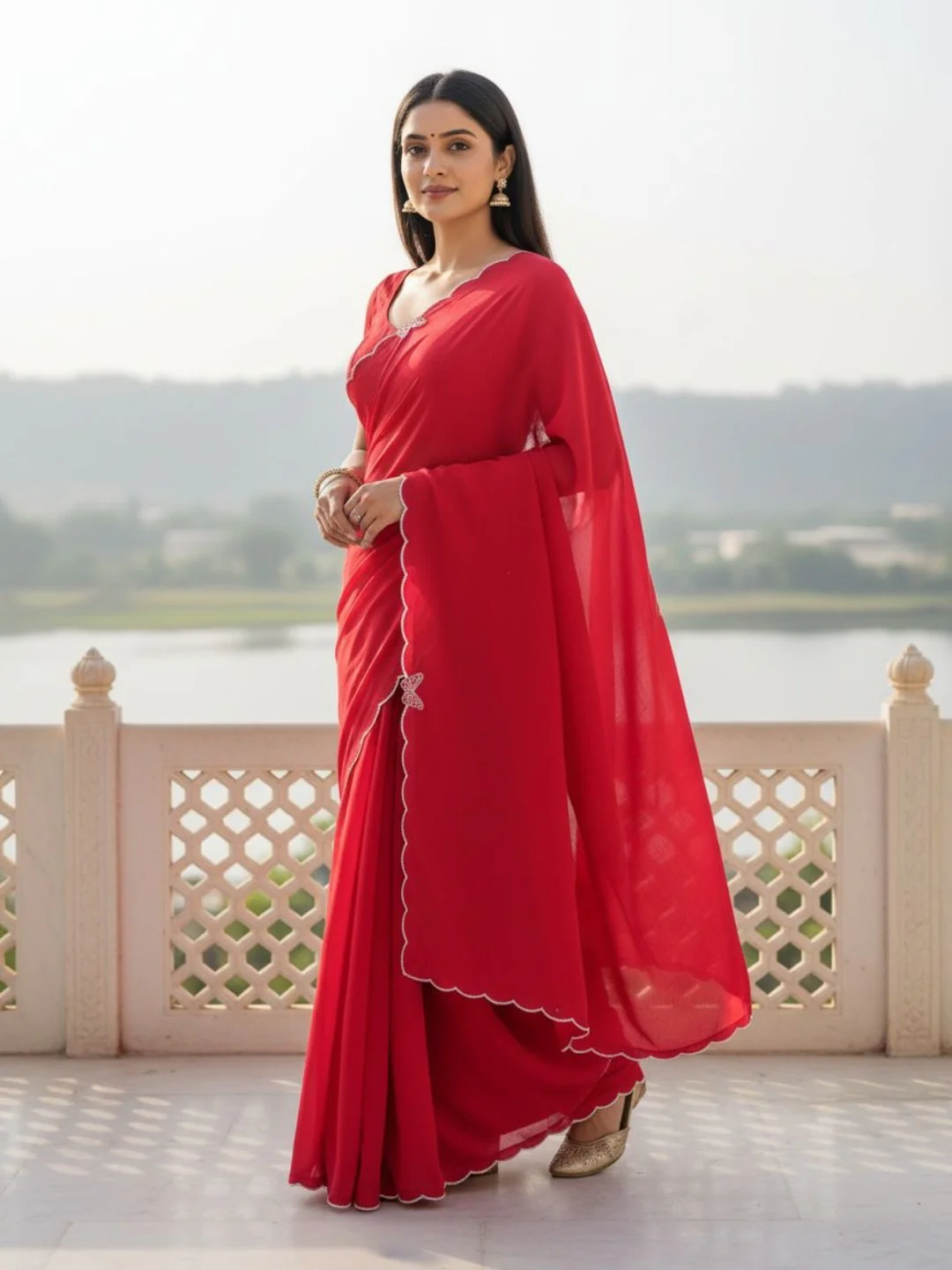 Elegant Red Solid Chinon Saree with Swarovski & Stone Embellished Designer Work
