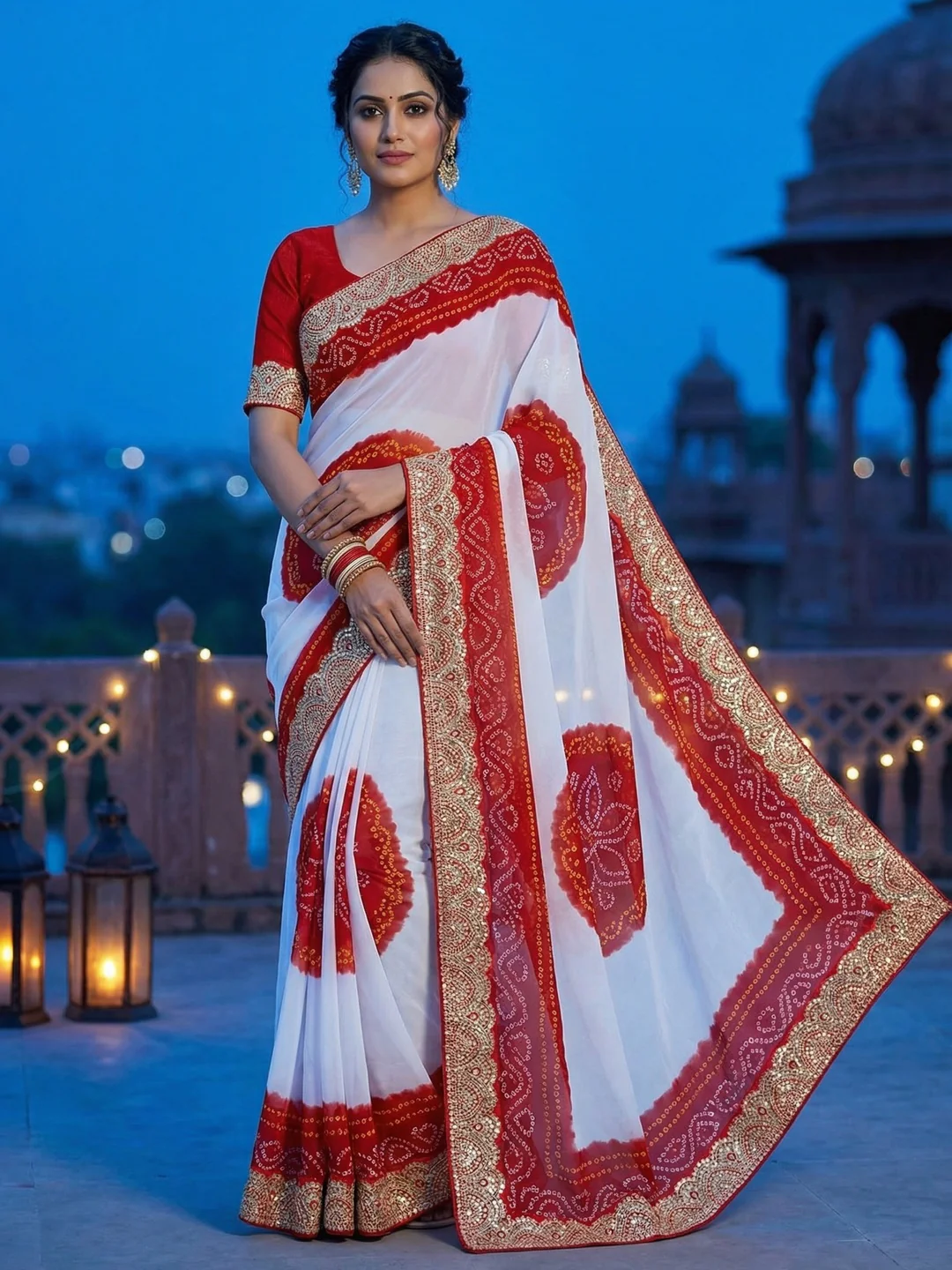 Elegant Red & White Bandhani Printed Georgette Saree with Sequins Border