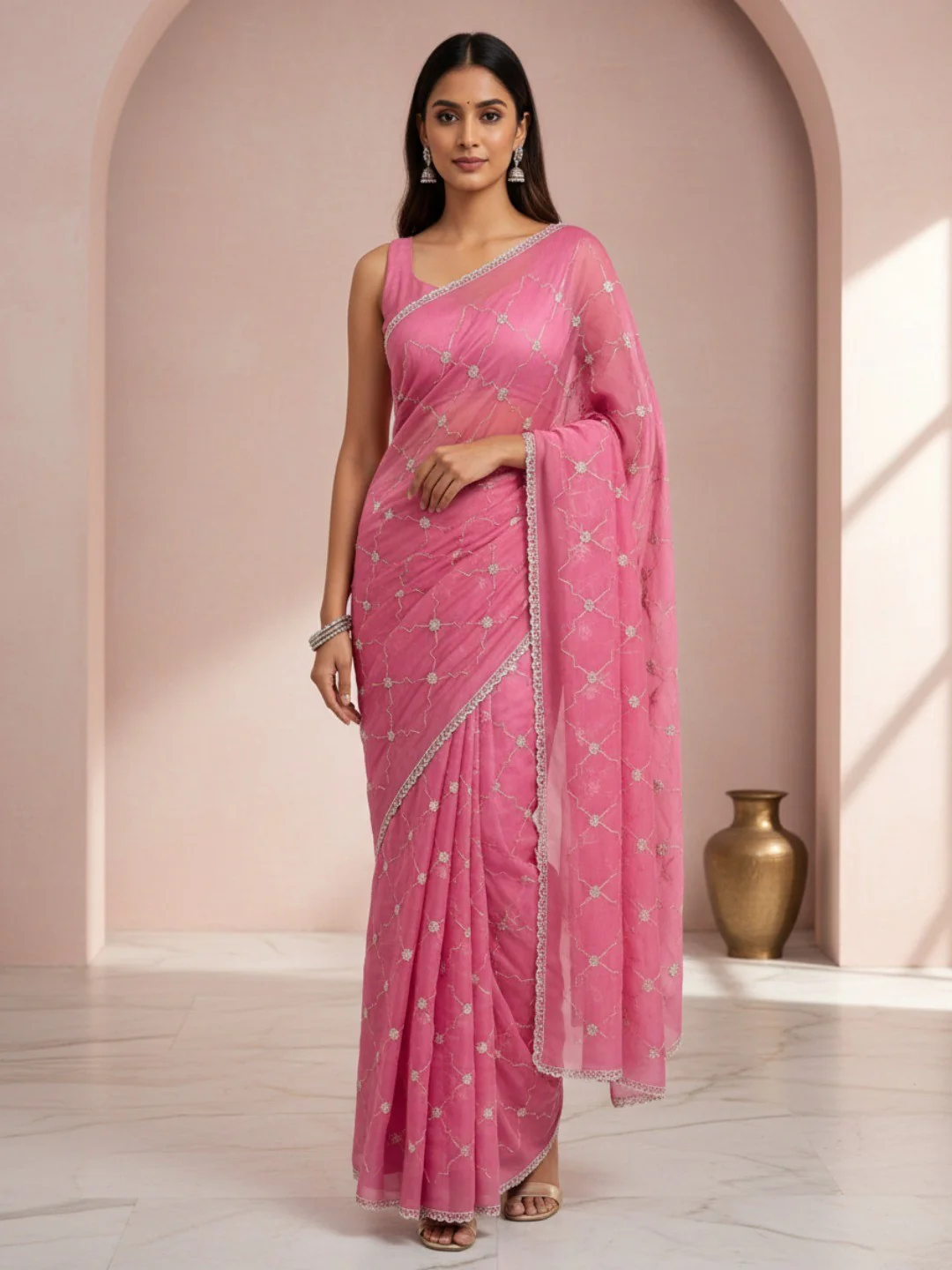 Elegant Rose Pink Chiffon Saree Adorned With Sequins Beads & Stone Embellished Work