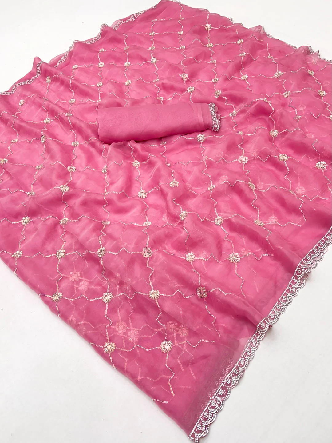 Elegant Rose Pink Chiffon Saree Adorned With Sequins Beads & Stone Embellished Work - Image 3