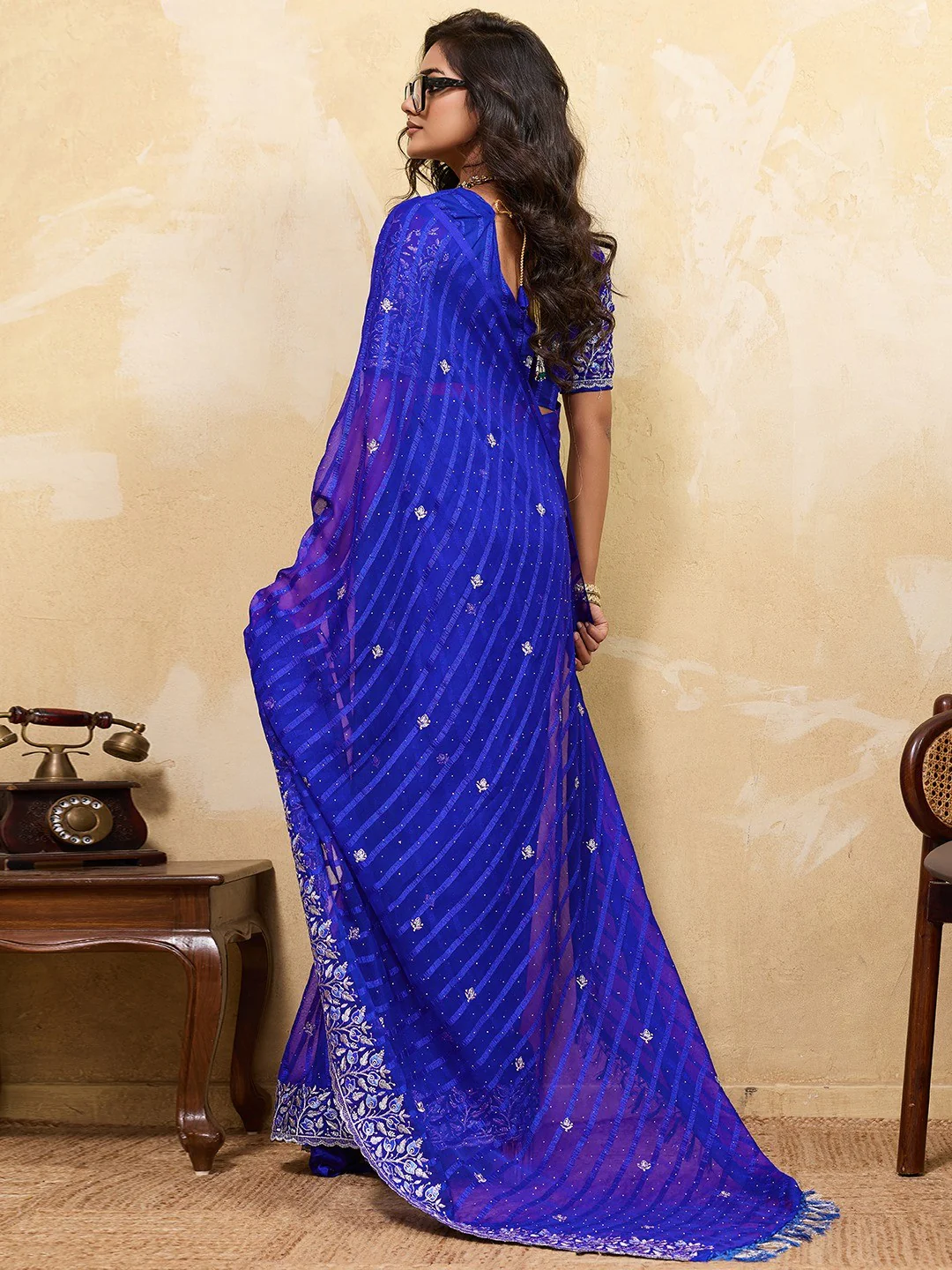 Elegant Royal Blue Chiffon Saree Adorned With Floral Embroidery & Shimmering Swarovski Work - Image 4