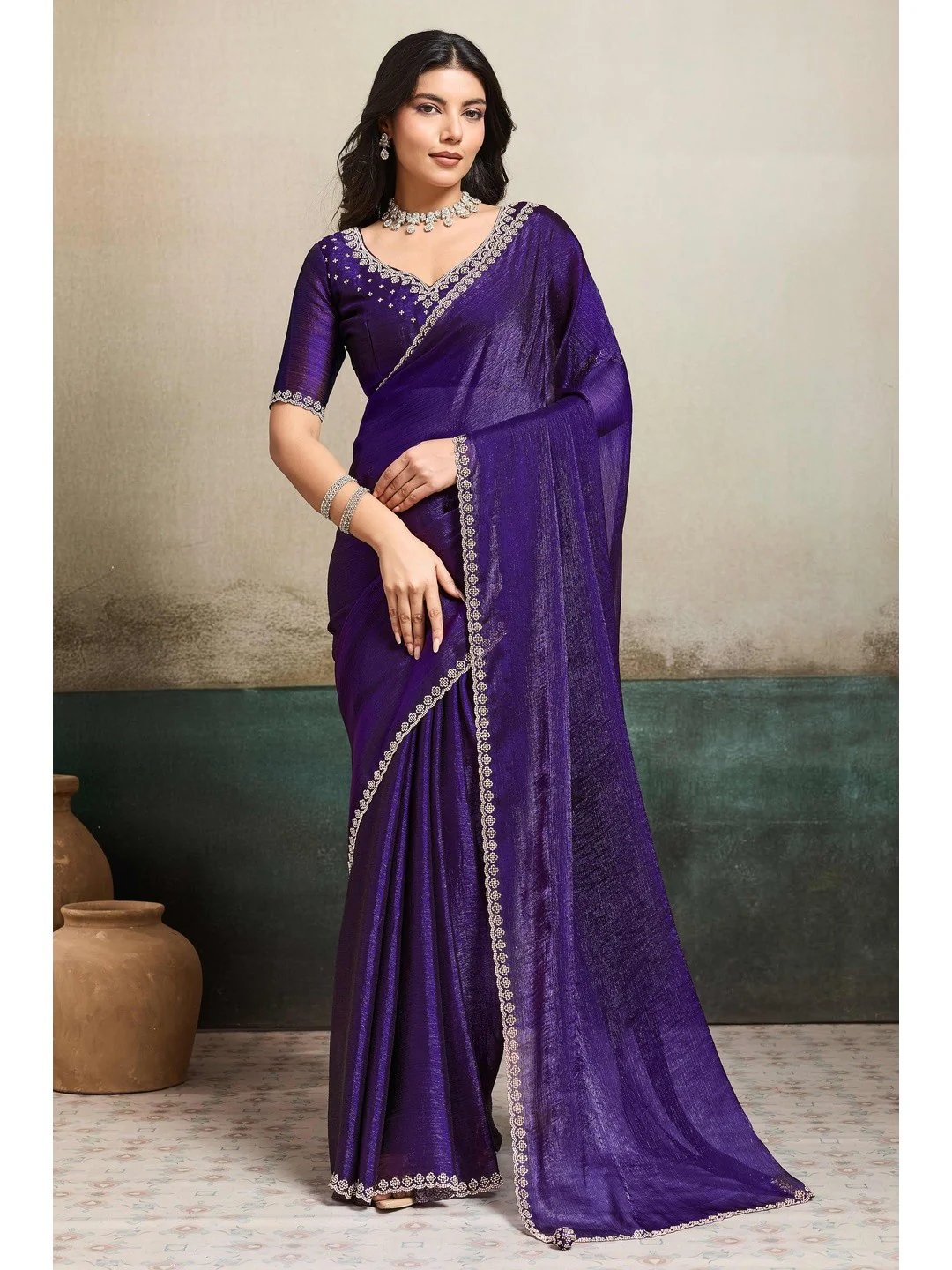 Elegant Royal Purple Solid Organza Chiffon Silk Saree Highlighted With Jarkan Work Border