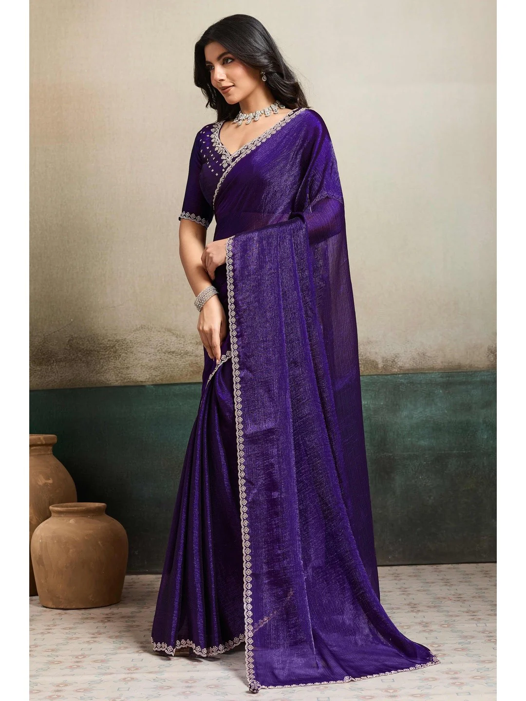 Elegant Royal Purple Solid Organza Chiffon Silk Saree Highlighted With Jarkan Work Border - Image 3