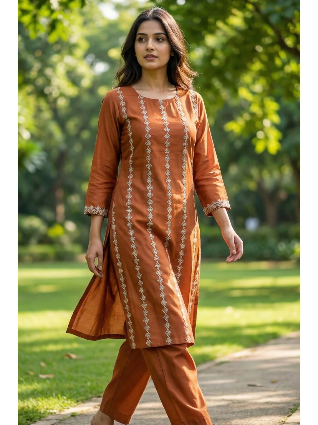 Elegant Rust Chanderi Silk Kurta Set with Delicate Embroidery